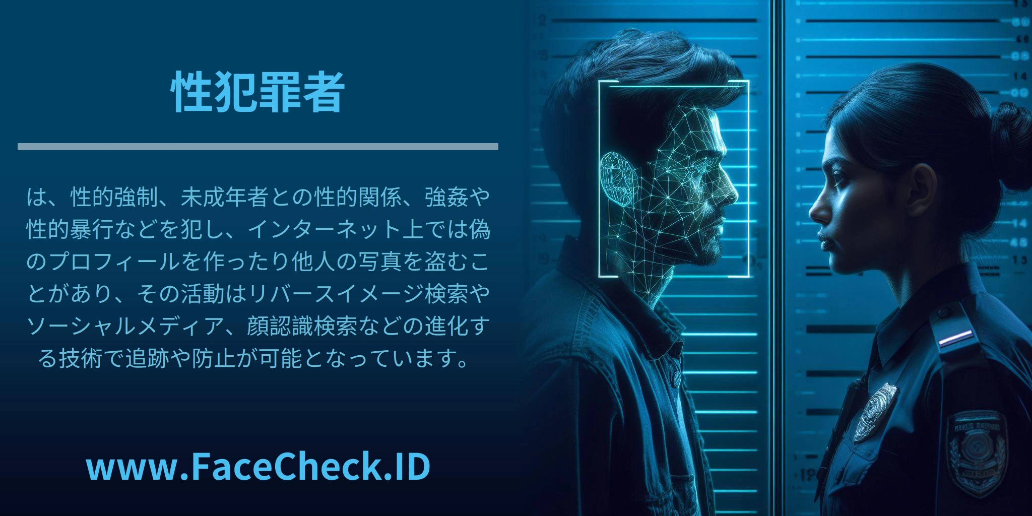 <b>性犯罪者</b>は、性的強制、未成年者との性的関係、強姦や性的暴行などを犯し、インターネット上では偽のプロフィールを作ったり他人の写真を盗むことがあり、その活動はリバースイメージ検索やソーシャルメディア、顔認識検索などの進化する技術で追跡や防止が可能となっています。