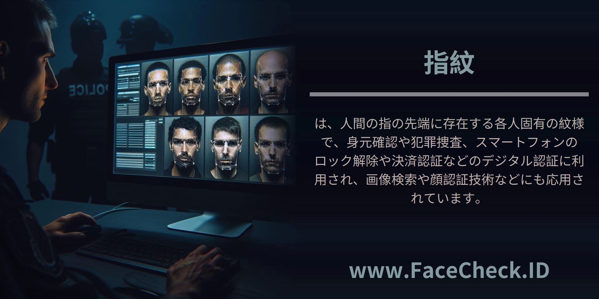 <b>指紋</b>は、人間の指の先端に存在する各人固有の紋様で、身元確認や犯罪捜査、スマートフォンのロック解除や決済認証などのデジタル認証に利用され、画像検索や顔認証技術などにも応用されています。