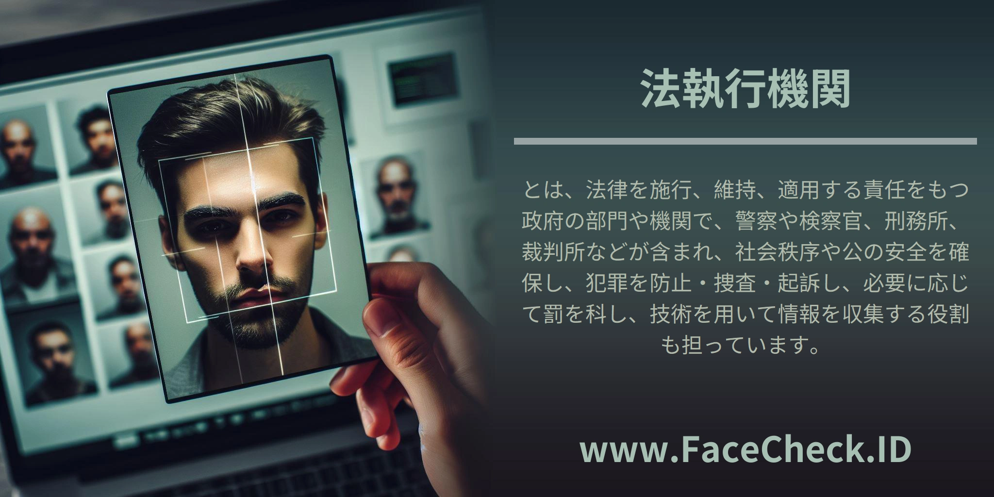 <b>法執行機関</b>とは、法律を施行、維持、適用する責任をもつ政府の部門や機関で、警察や検察官、刑務所、裁判所などが含まれ、社会秩序や公の安全を確保し、犯罪を防止・捜査・起訴し、必要に応じて罰を科し、技術を用いて情報を収集する役割も担っています。