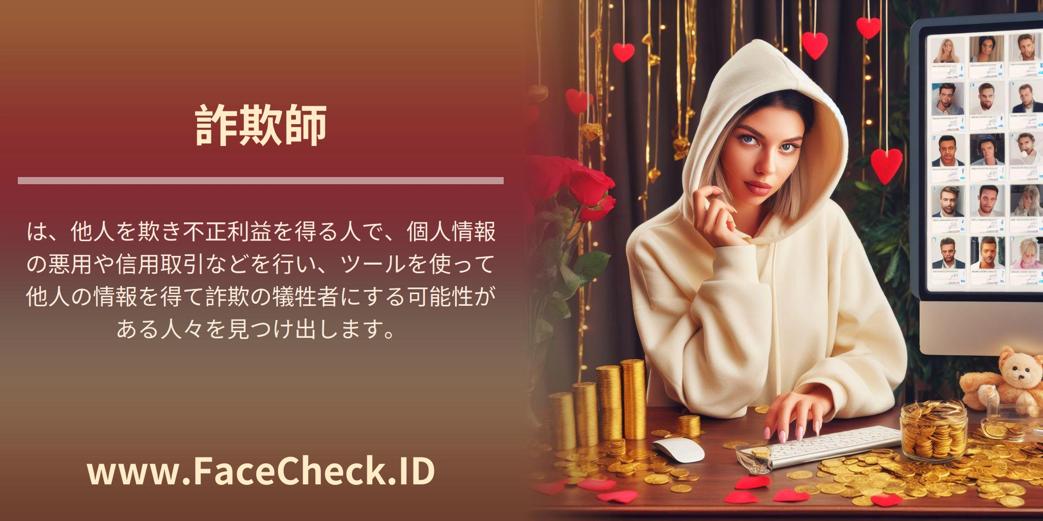 <b>詐欺師</b>は、他人を欺き不正利益を得る人で、個人情報の悪用や信用取引などを行い、ツールを使って他人の情報を得て詐欺の犠牲者にする可能性がある人々を見つけ出します。