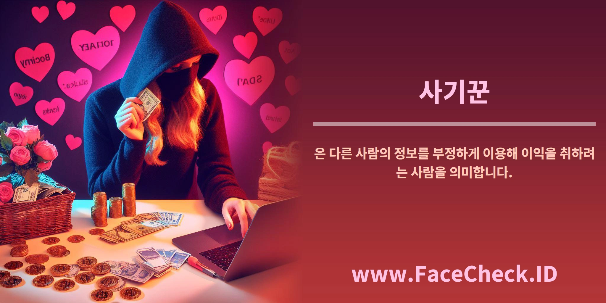 <b>사기꾼</b>은 다른 사람의 정보를 부정하게 이용해 이익을 취하려는 사람을 의미합니다.