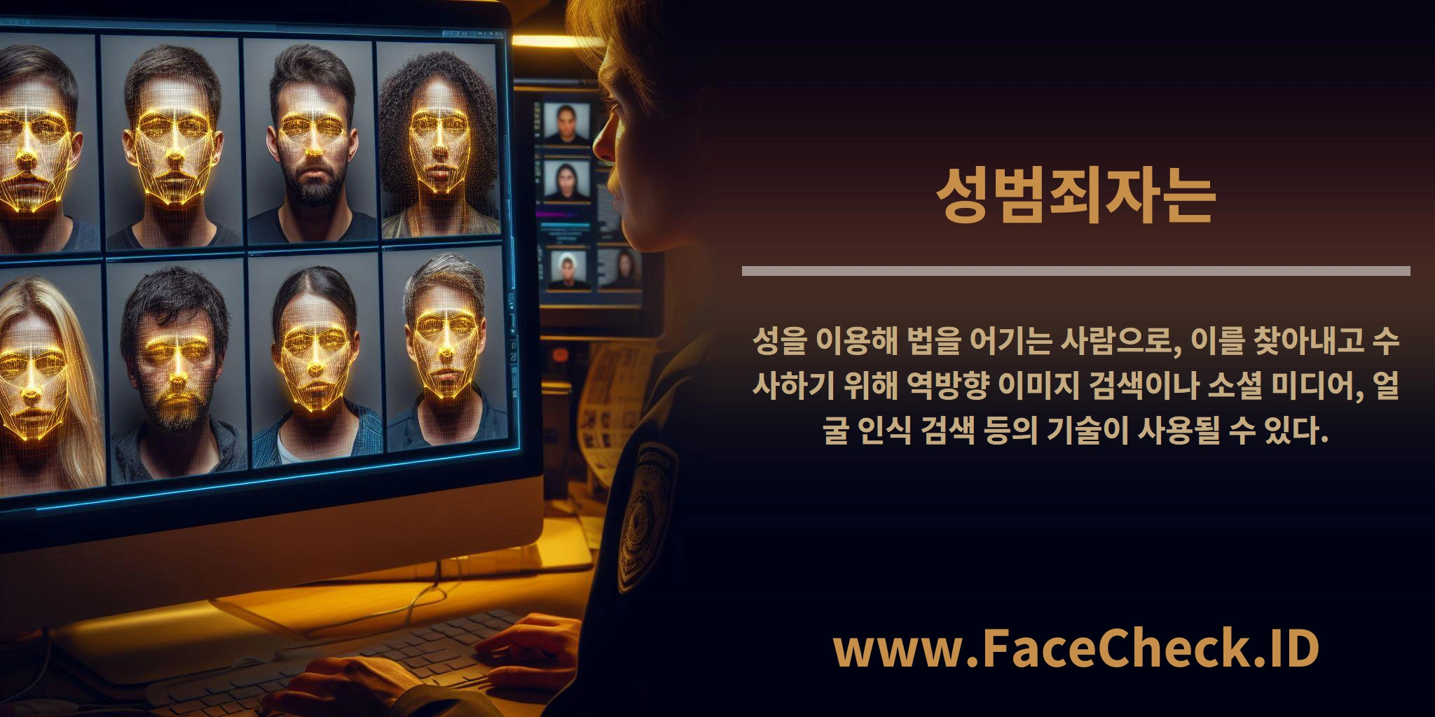 <b>성범죄자는</b> 성을 이용해 법을 어기는 사람으로, 이를 찾아내고 수사하기 위해 역방향 이미지 검색이나 소셜 미디어, 얼굴 인식 검색 등의 기술이 사용될 수 있다.