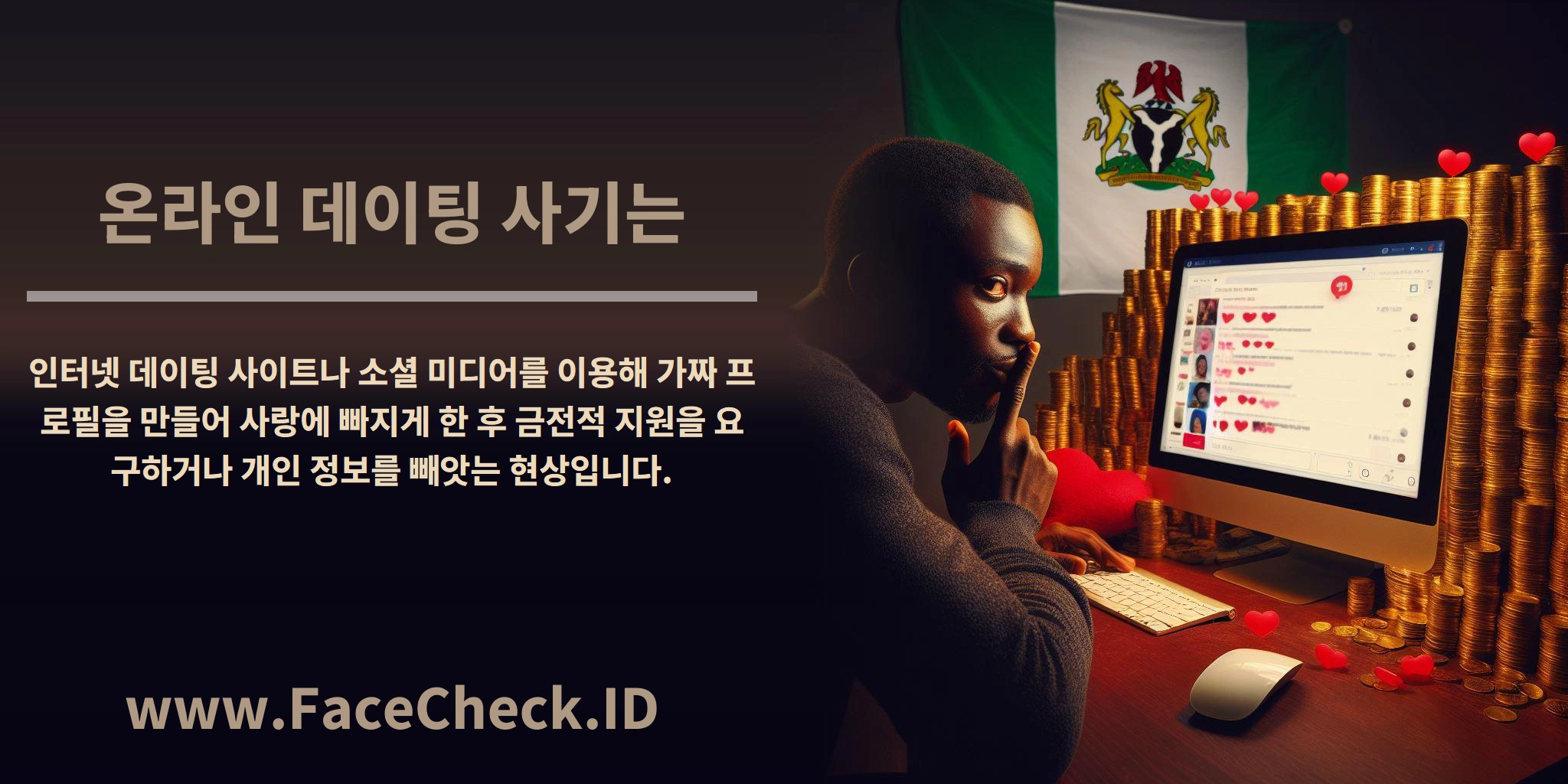 <b>온라인 데이팅 사기는</b> 인터넷 데이팅 사이트나 소셜 미디어를 이용해 가짜 프로필을 만들어 사랑에 빠지게 한 후 금전적 지원을 요구하거나 개인 정보를 빼앗는 현상입니다.