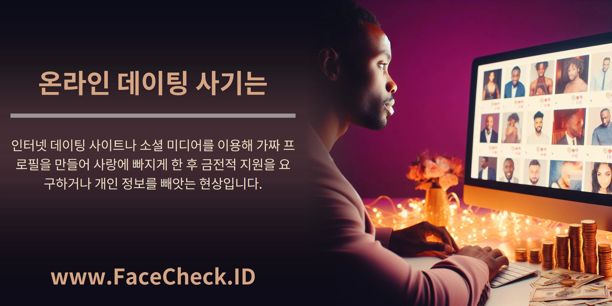 온라인 데이팅 사기는 인터넷 데이팅 사이트나 소셜 미디어를 이용해 가짜 프로필을 만들어 사랑에 빠지게 한 후 금전적 지원을 요구하거나 개인 정보를 빼앗는 현상입니다.