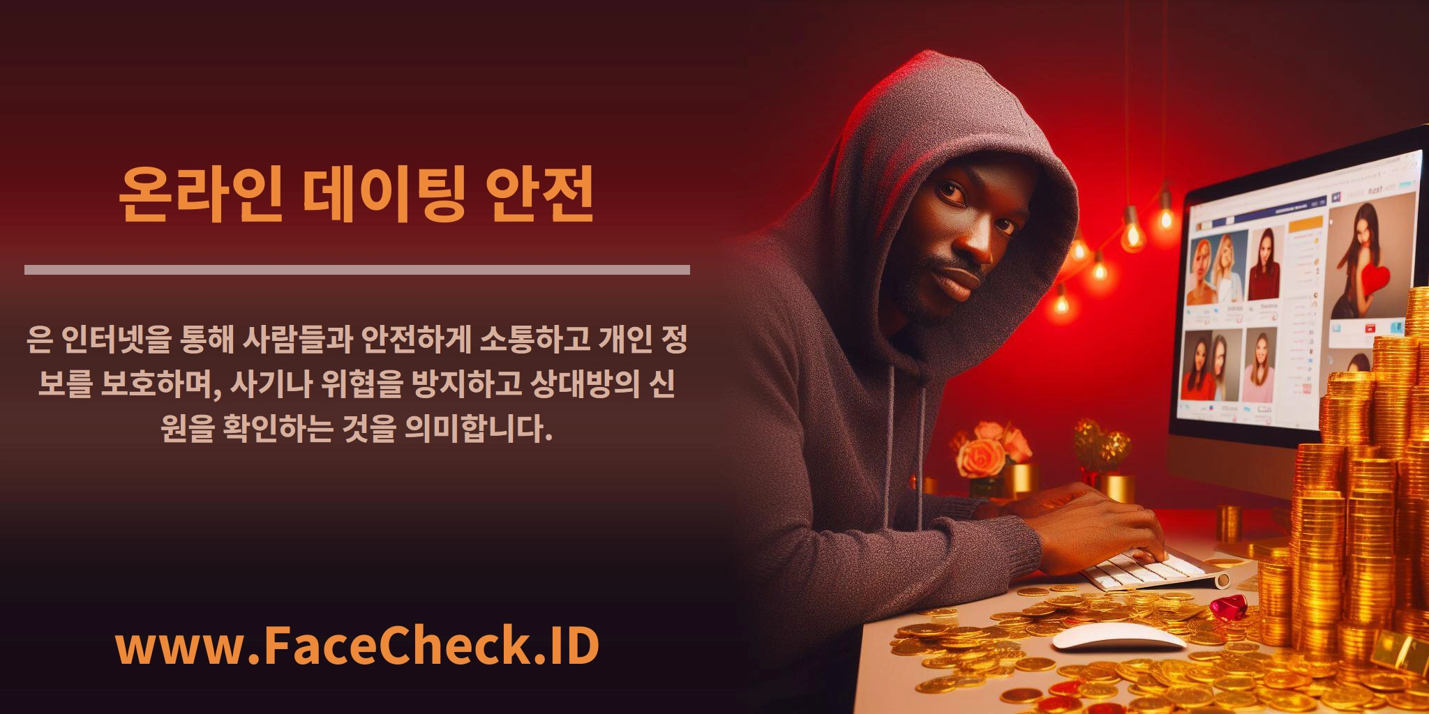 <b>온라인 데이팅 안전</b>은 인터넷을 통해 사람들과 안전하게 소통하고 개인 정보를 보호하며, 사기나 위협을 방지하고 상대방의 신원을 확인하는 것을 의미합니다.