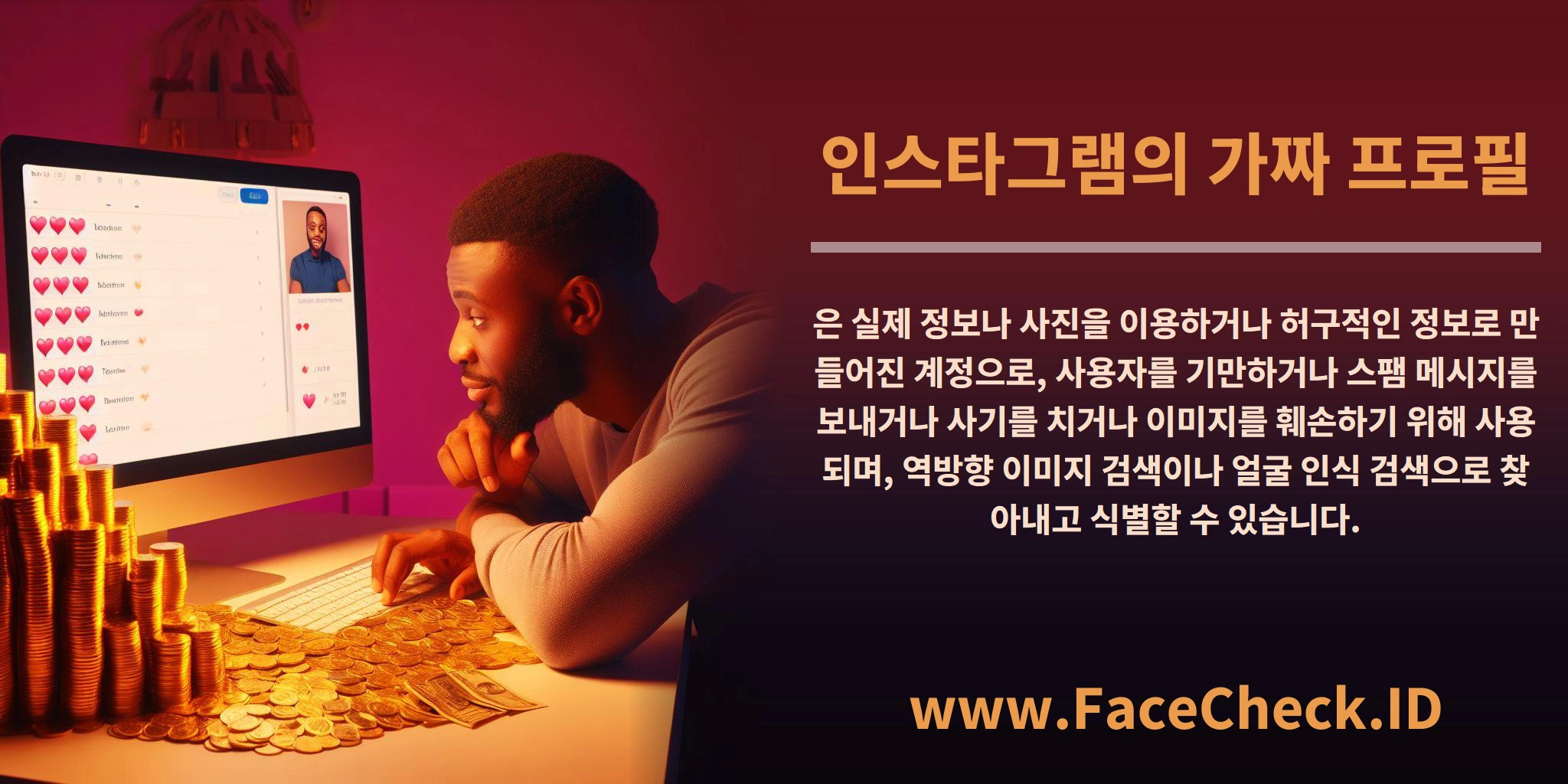 <b>인스타그램의 가짜 프로필</b>은 실제 정보나 사진을 이용하거나 허구적인 정보로 만들어진 계정으로, 사용자를 기만하거나 스팸 메시지를 보내거나 사기를 치거나 이미지를 훼손하기 위해 사용되며, 역방향 이미지 검색이나 얼굴 인식 검색으로 찾아내고 식별할 수 있습니다.