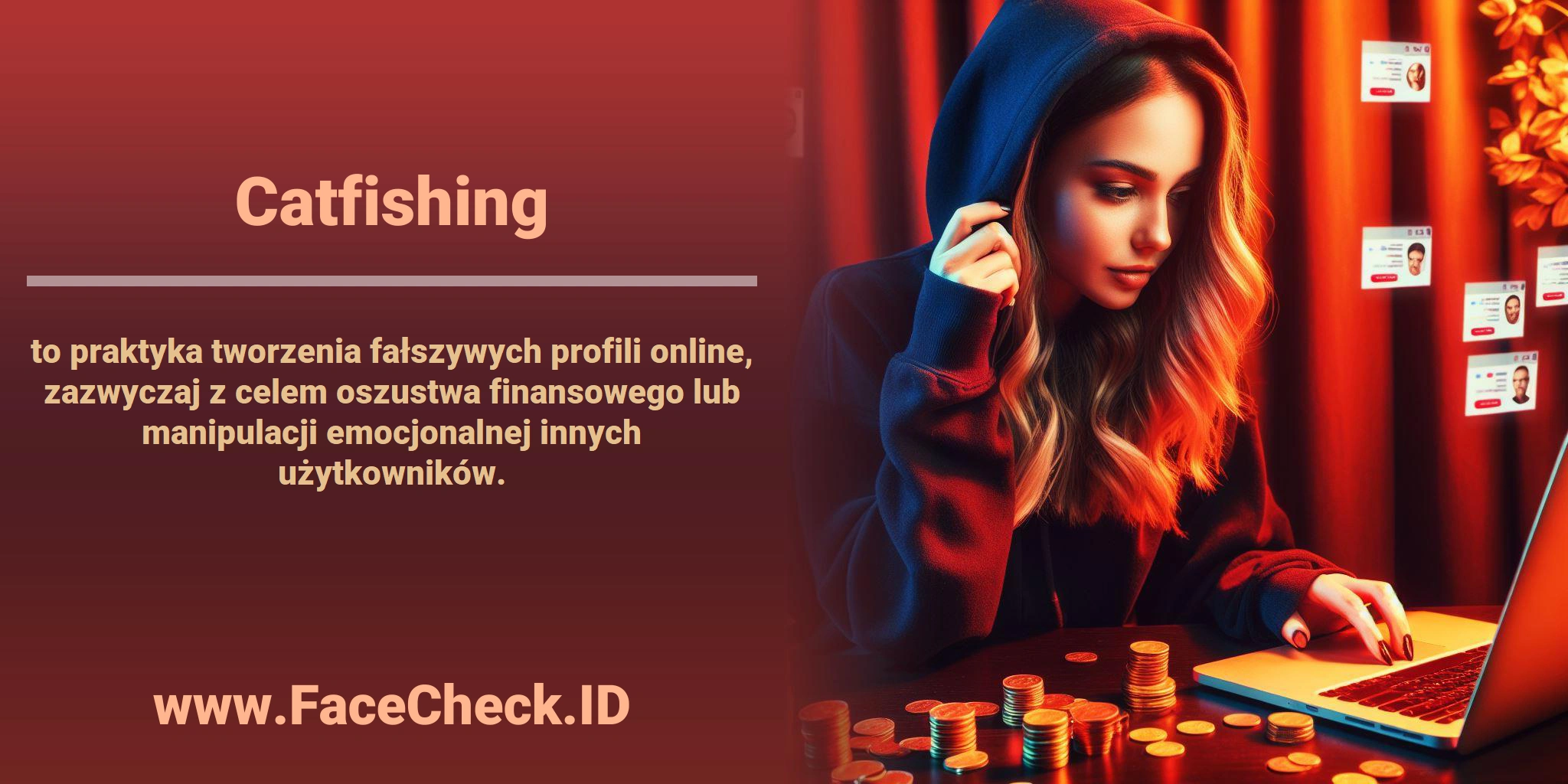 <b>Catfishing</b> to praktyka tworzenia fałszywych profili online, zazwyczaj z celem oszustwa finansowego lub manipulacji emocjonalnej innych użytkowników.