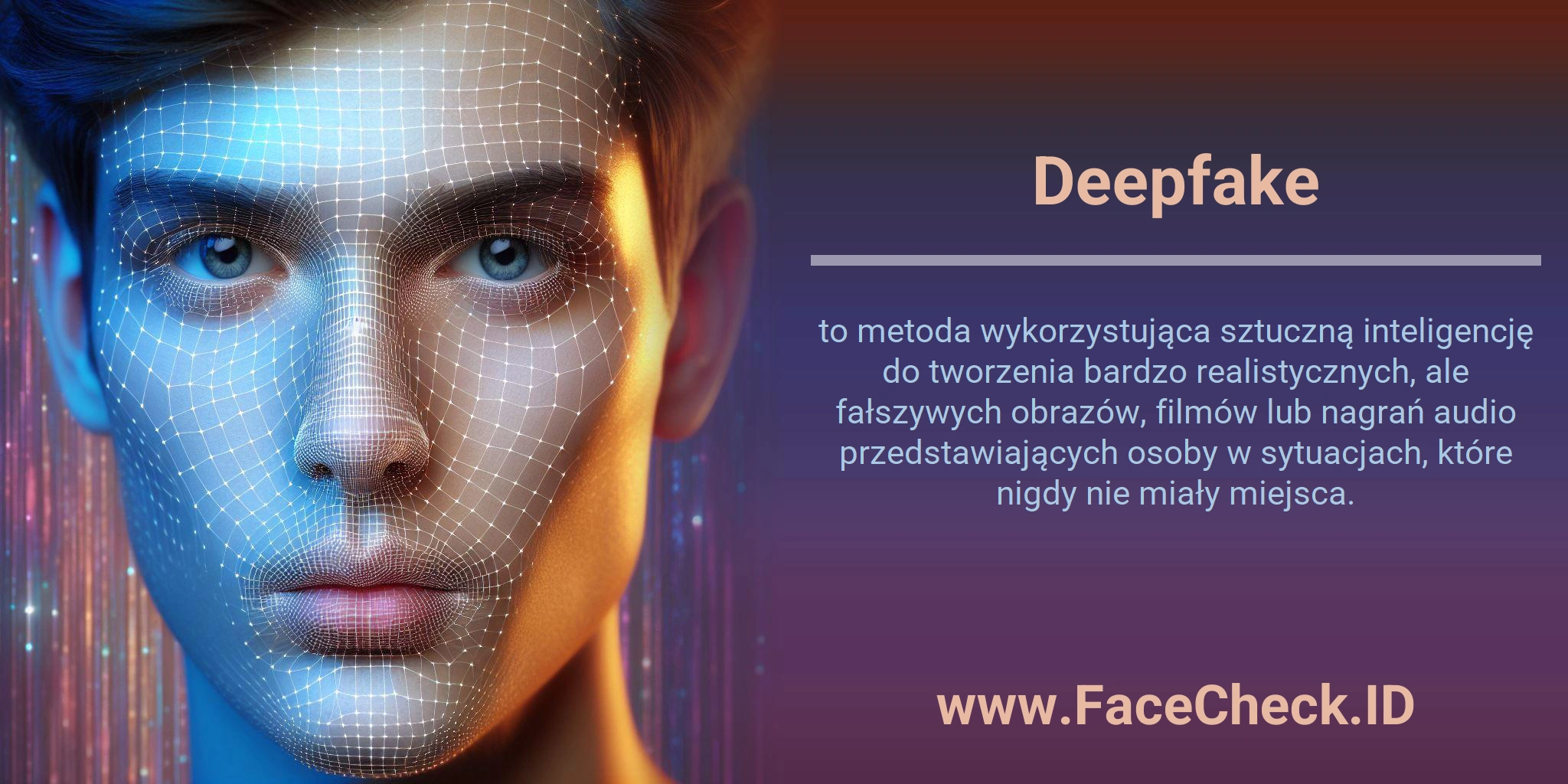 <b>Deepfake</b> to metoda wykorzystująca sztuczną inteligencję do tworzenia bardzo realistycznych, ale fałszywych obrazów, filmów lub nagrań audio przedstawiających osoby w sytuacjach, które nigdy nie miały miejsca.