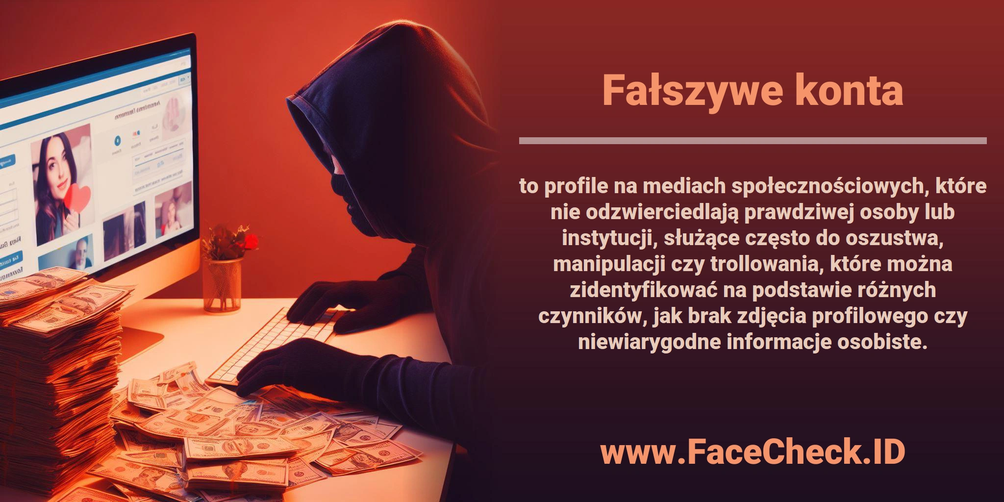 <b>Fałszywe konta</b> to profile na mediach społecznościowych, które nie odzwierciedlają prawdziwej osoby lub instytucji, służące często do oszustwa, manipulacji czy trollowania, które można zidentyfikować na podstawie różnych czynników, jak brak zdjęcia profilowego czy niewiarygodne informacje osobiste.