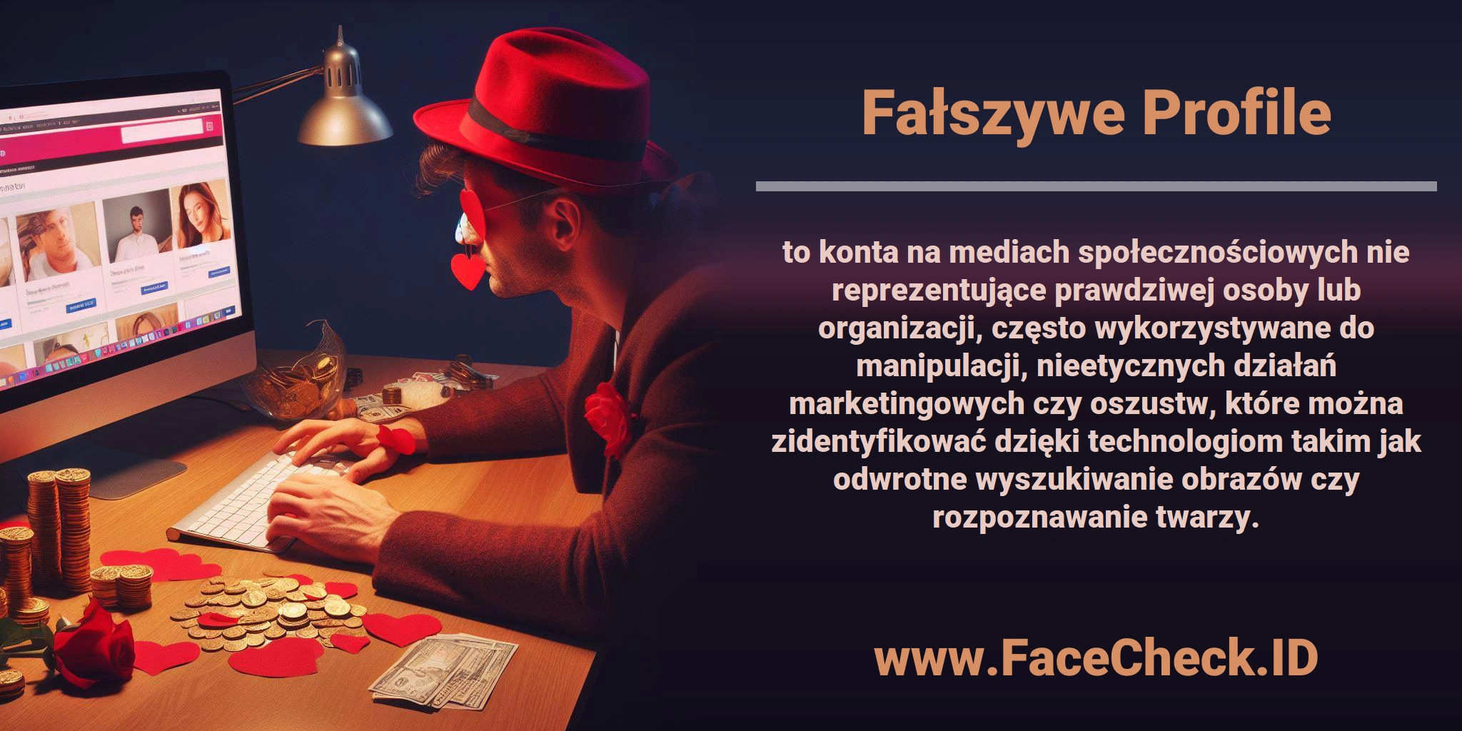 <b>Fałszywe Profile</b> to konta na mediach społecznościowych nie reprezentujące prawdziwej osoby lub organizacji, często wykorzystywane do manipulacji, nieetycznych działań marketingowych czy oszustw, które można zidentyfikować dzięki technologiom takim jak odwrotne wyszukiwanie obrazów czy rozpoznawanie twarzy.