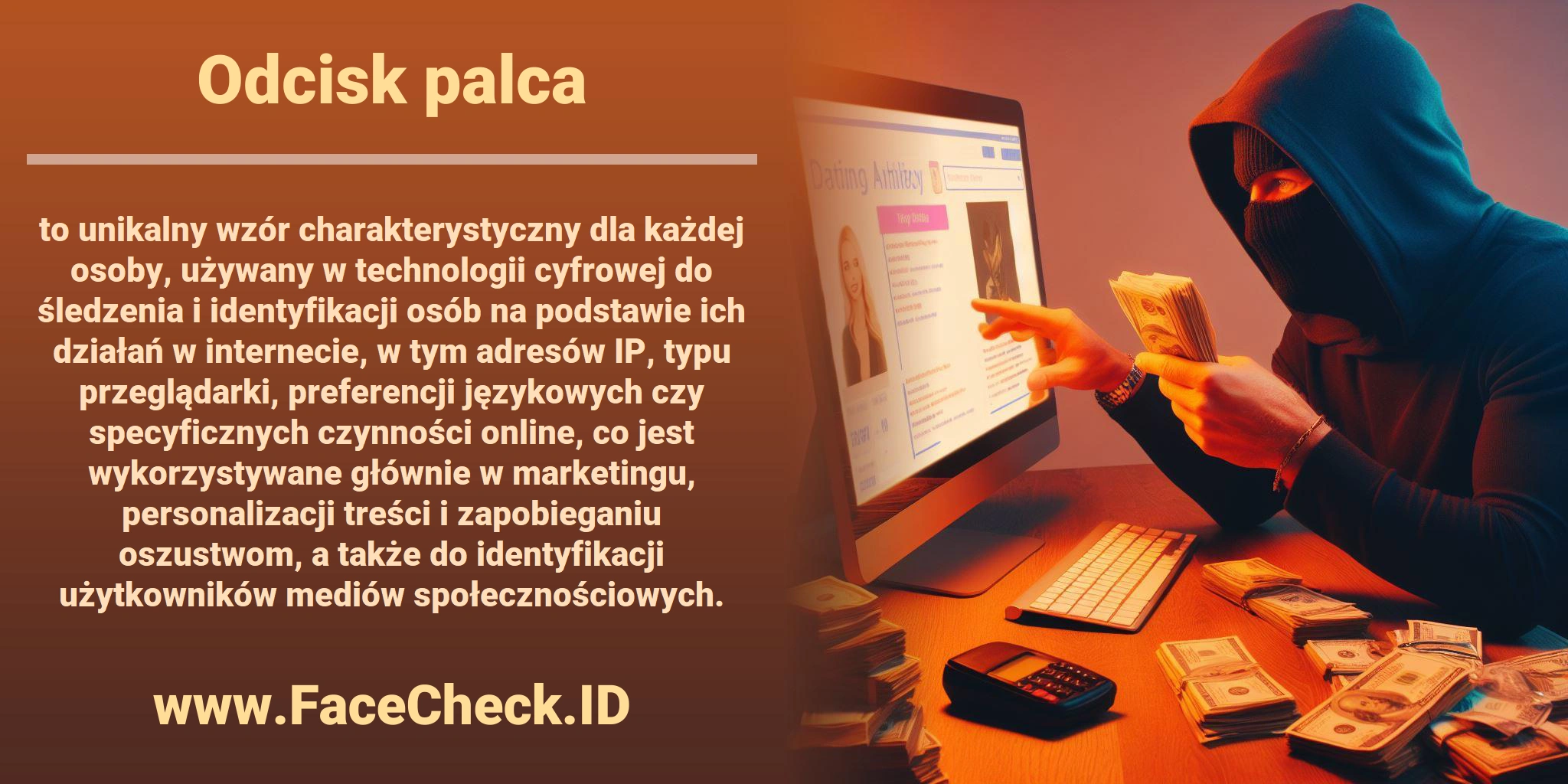 <b>Odcisk palca</b> to unikalny wzór charakterystyczny dla każdej osoby, używany w technologii cyfrowej do śledzenia i identyfikacji osób na podstawie ich działań w internecie, w tym adresów IP, typu przeglądarki, preferencji językowych czy specyficznych czynności online, co jest wykorzystywane głównie w marketingu, personalizacji treści i zapobieganiu oszustwom, a także do identyfikacji użytkowników mediów społecznościowych.
