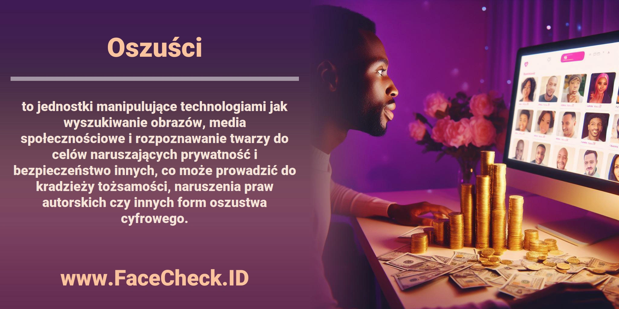 <b>Oszuści</b> to jednostki manipulujące technologiami jak wyszukiwanie obrazów, media społecznościowe i rozpoznawanie twarzy do celów naruszających prywatność i bezpieczeństwo innych, co może prowadzić do kradzieży tożsamości, naruszenia praw autorskich czy innych form oszustwa cyfrowego.