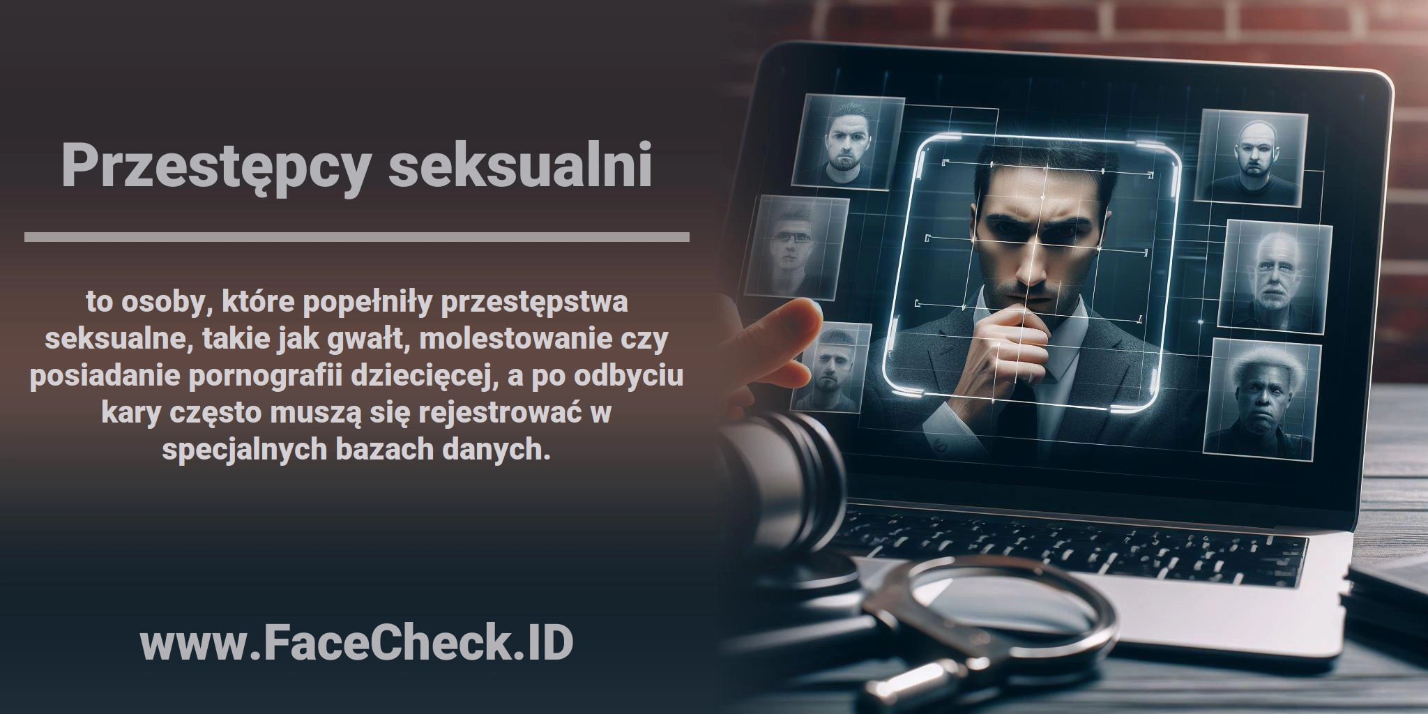 <b>Przestępcy seksualni</b> to osoby, które popełniły przestępstwa seksualne, takie jak gwałt, molestowanie czy posiadanie pornografii dziecięcej, a po odbyciu kary często muszą się rejestrować w specjalnych bazach danych.