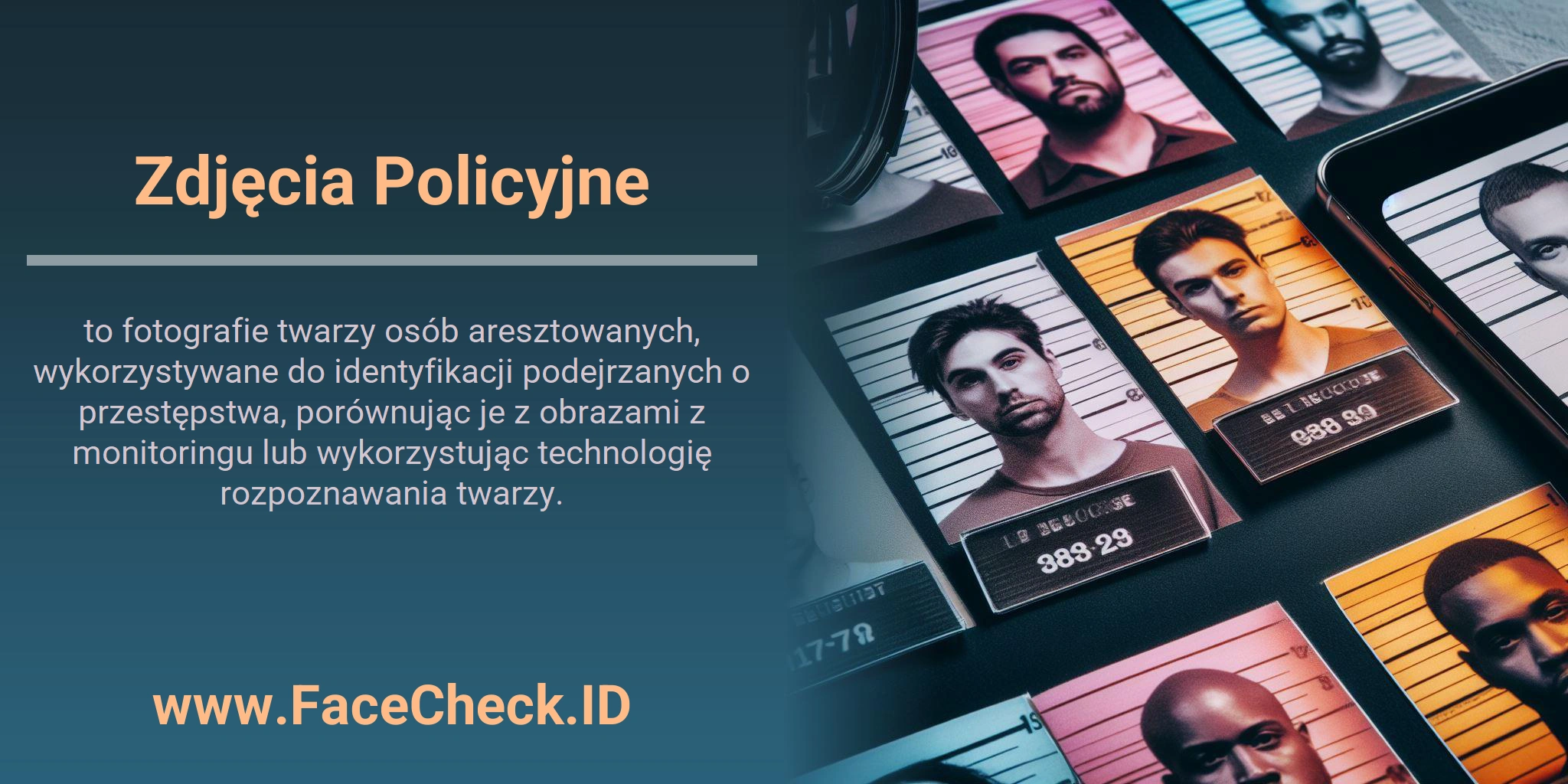 Zdjęcia Policyjne to fotografie twarzy osób aresztowanych, wykorzystywane do identyfikacji podejrzanych o przestępstwa, porównując je z obrazami z monitoringu lub wykorzystując technologię rozpoznawania twarzy.