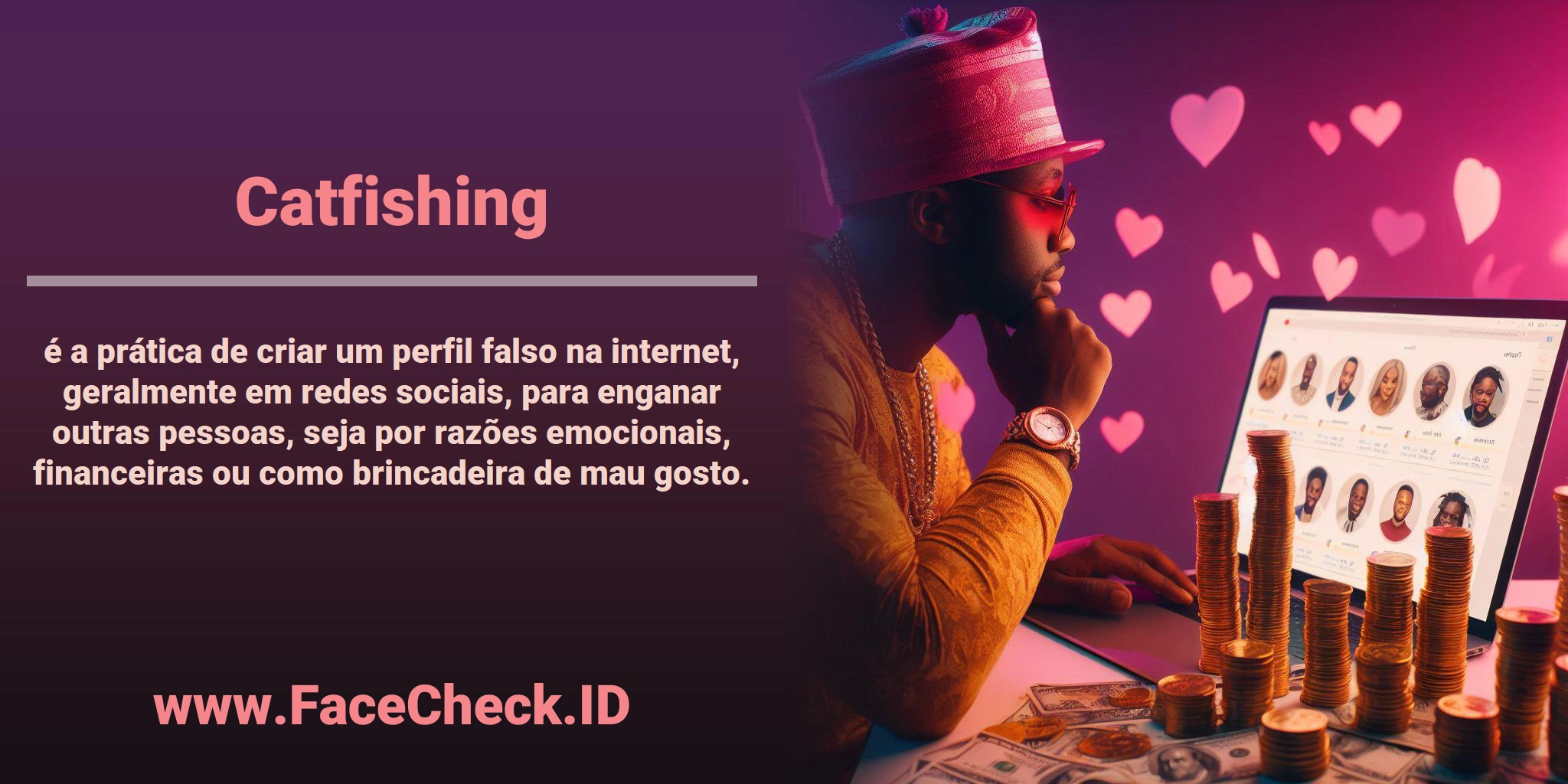<b>Catfishing</b> é a prática de criar um perfil falso na internet, geralmente em redes sociais, para enganar outras pessoas, seja por razões emocionais, financeiras ou como brincadeira de mau gosto.