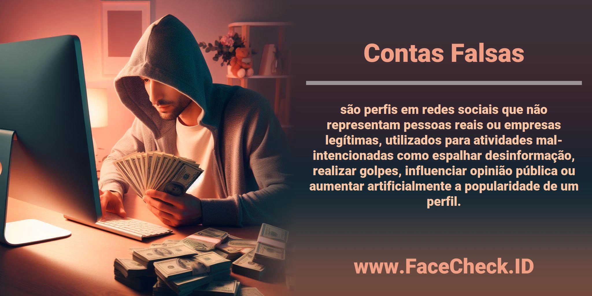 <b>Contas Falsas</b> são perfis em redes sociais que não representam pessoas reais ou empresas legítimas, utilizados para atividades mal-intencionadas como espalhar desinformação, realizar golpes, influenciar opinião pública ou aumentar artificialmente a popularidade de um perfil.