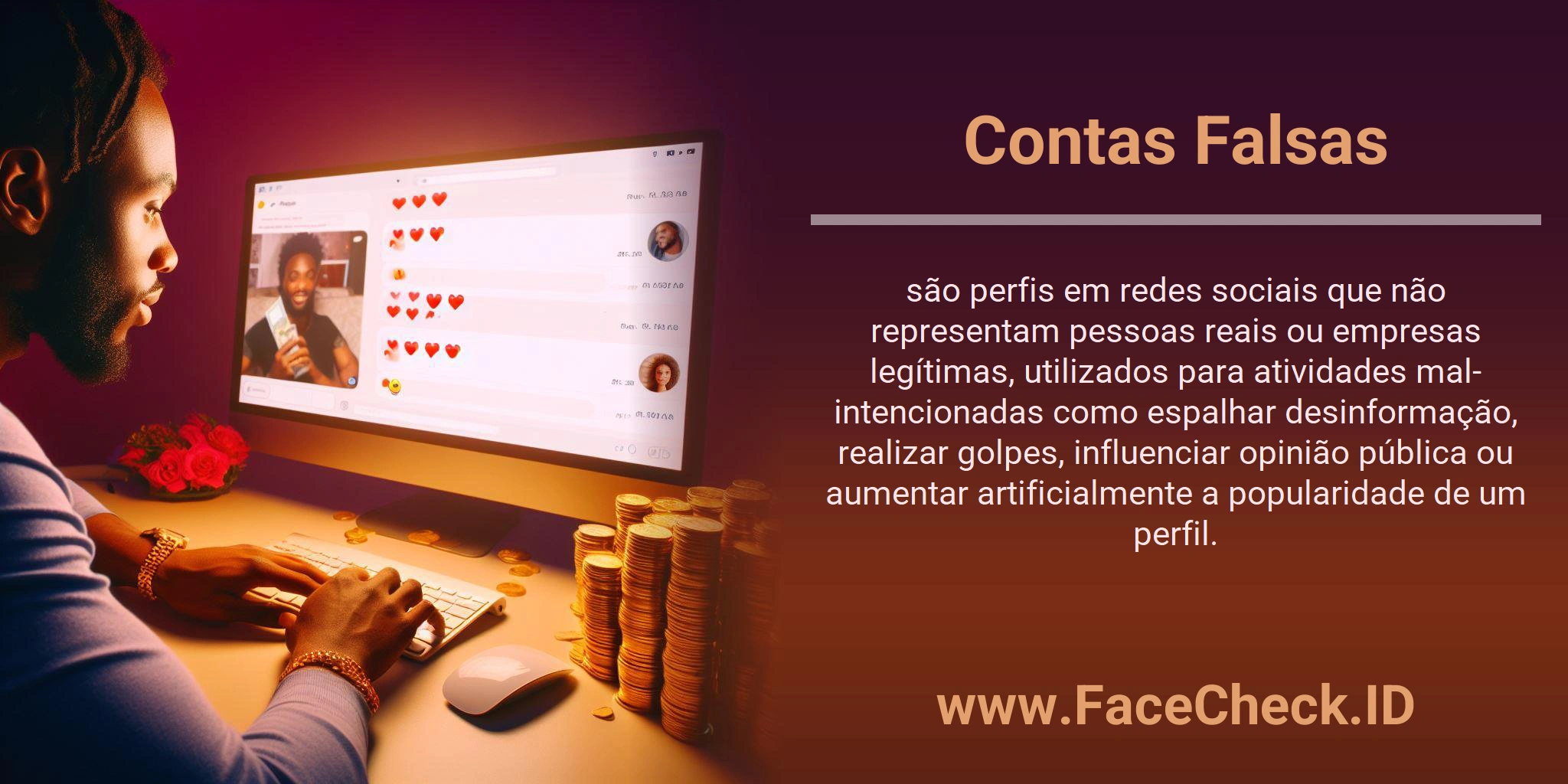 Contas Falsas são perfis em redes sociais que não representam pessoas reais ou empresas legítimas, utilizados para atividades mal-intencionadas como espalhar desinformação, realizar golpes, influenciar opinião pública ou aumentar artificialmente a popularidade de um perfil.