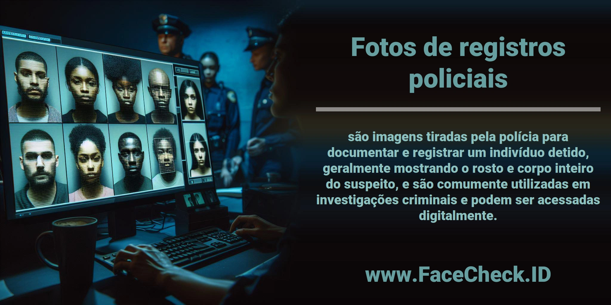 <b>Fotos de registros policiais</b> são imagens tiradas pela polícia para documentar e registrar um indivíduo detido, geralmente mostrando o rosto e corpo inteiro do suspeito, e são comumente utilizadas em investigações criminais e podem ser acessadas digitalmente.