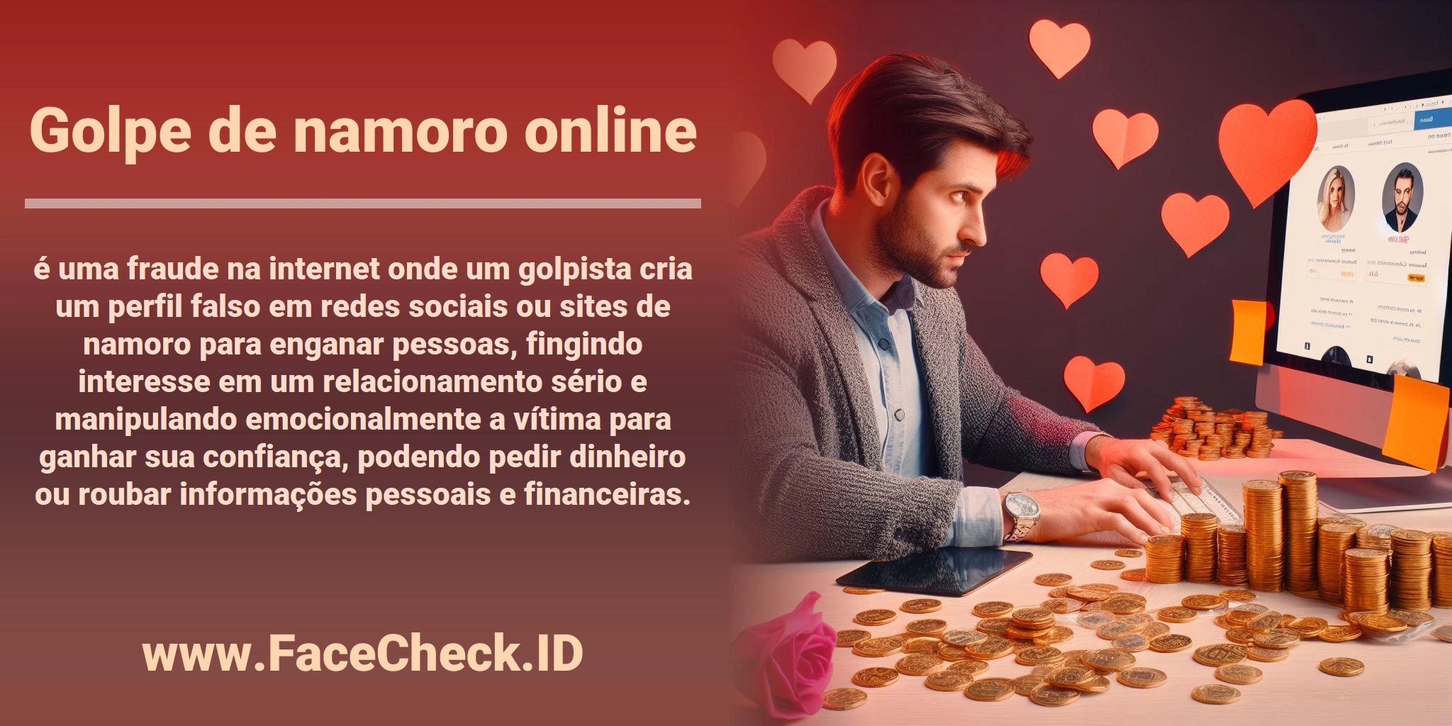 <b>Golpe de namoro online</b> é uma fraude na internet onde um golpista cria um perfil falso em redes sociais ou sites de namoro para enganar pessoas, fingindo interesse em um relacionamento sério e manipulando emocionalmente a vítima para ganhar sua confiança, podendo pedir dinheiro ou roubar informações pessoais e financeiras.
