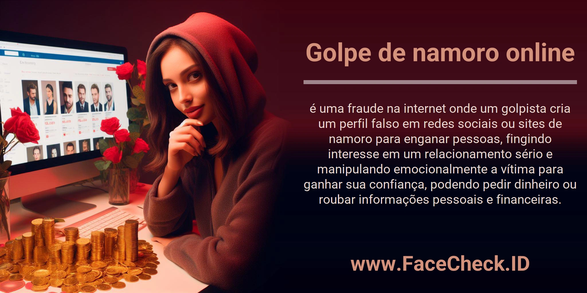 Golpe de namoro online é uma fraude na internet onde um golpista cria um perfil falso em redes sociais ou sites de namoro para enganar pessoas, fingindo interesse em um relacionamento sério e manipulando emocionalmente a vítima para ganhar sua confiança, podendo pedir dinheiro ou roubar informações pessoais e financeiras.
