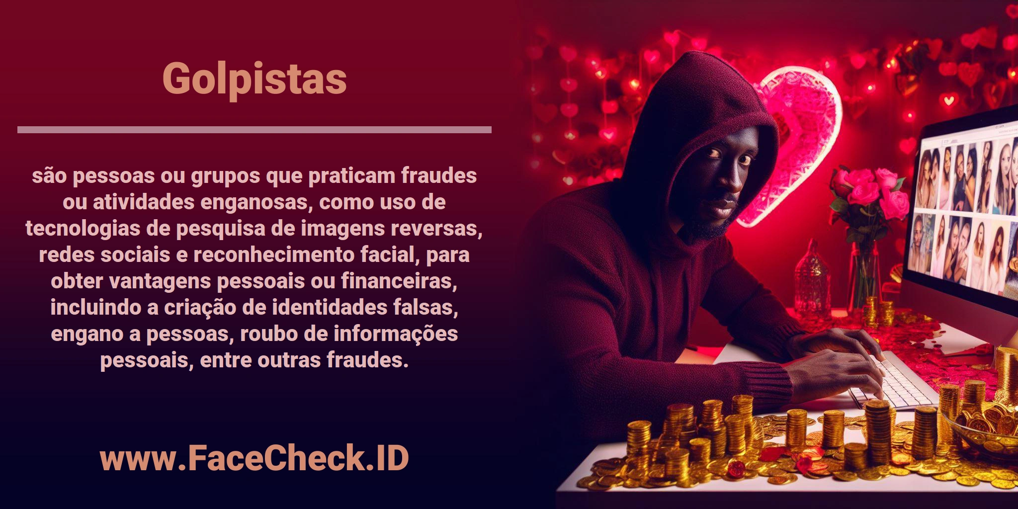 <b>Golpistas</b> são pessoas ou grupos que praticam fraudes ou atividades enganosas, como uso de tecnologias de pesquisa de imagens reversas, redes sociais e reconhecimento facial, para obter vantagens pessoais ou financeiras, incluindo a criação de identidades falsas, engano a pessoas, roubo de informações pessoais, entre outras fraudes.