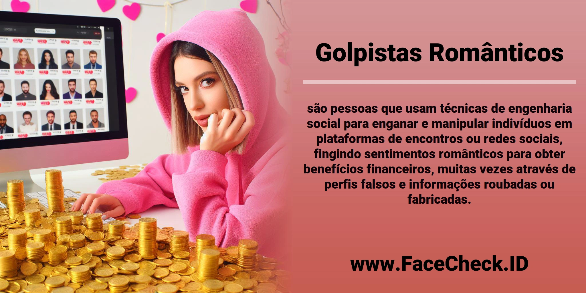 <b>Golpistas Românticos</b> são pessoas que usam técnicas de engenharia social para enganar e manipular indivíduos em plataformas de encontros ou redes sociais, fingindo sentimentos românticos para obter benefícios financeiros, muitas vezes através de perfis falsos e informações roubadas ou fabricadas.