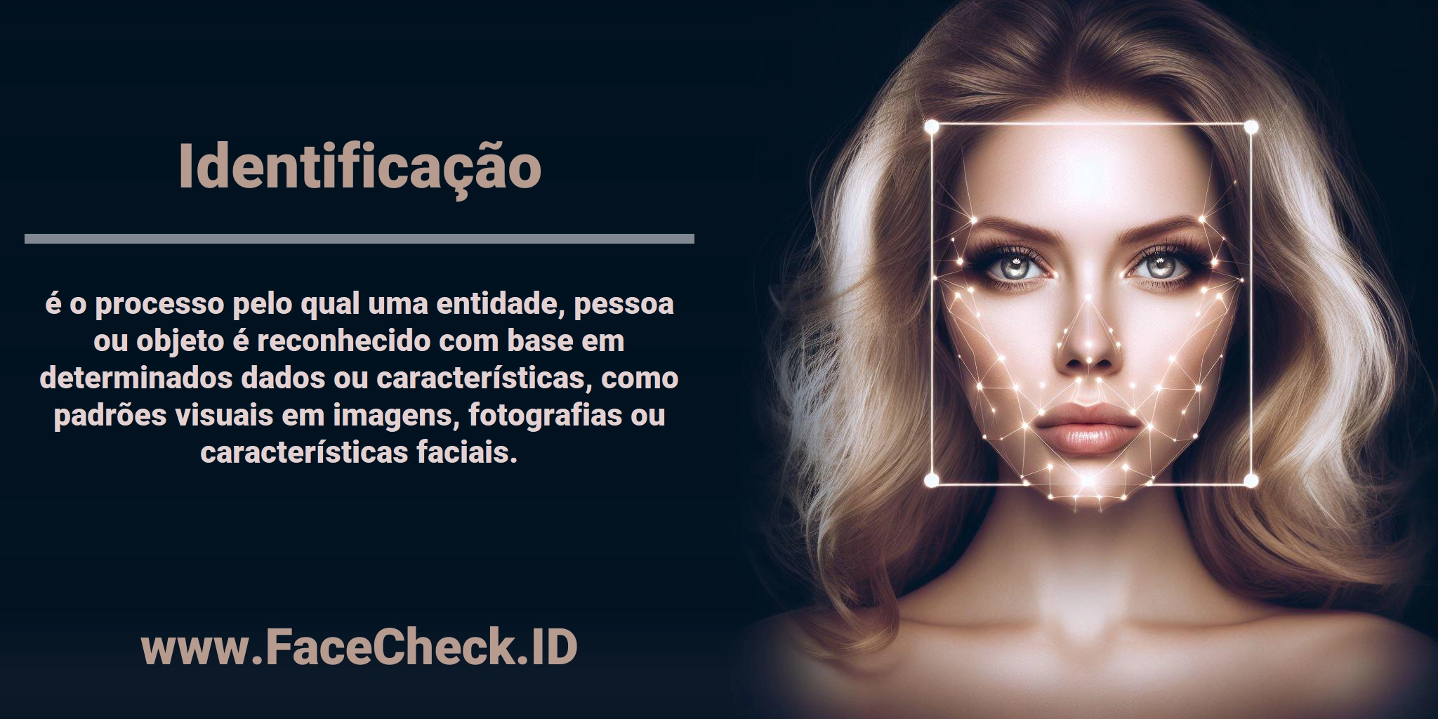 <b>Identificação</b> é o processo pelo qual uma entidade, pessoa ou objeto é reconhecido com base em determinados dados ou características, como padrões visuais em imagens, fotografias ou características faciais.