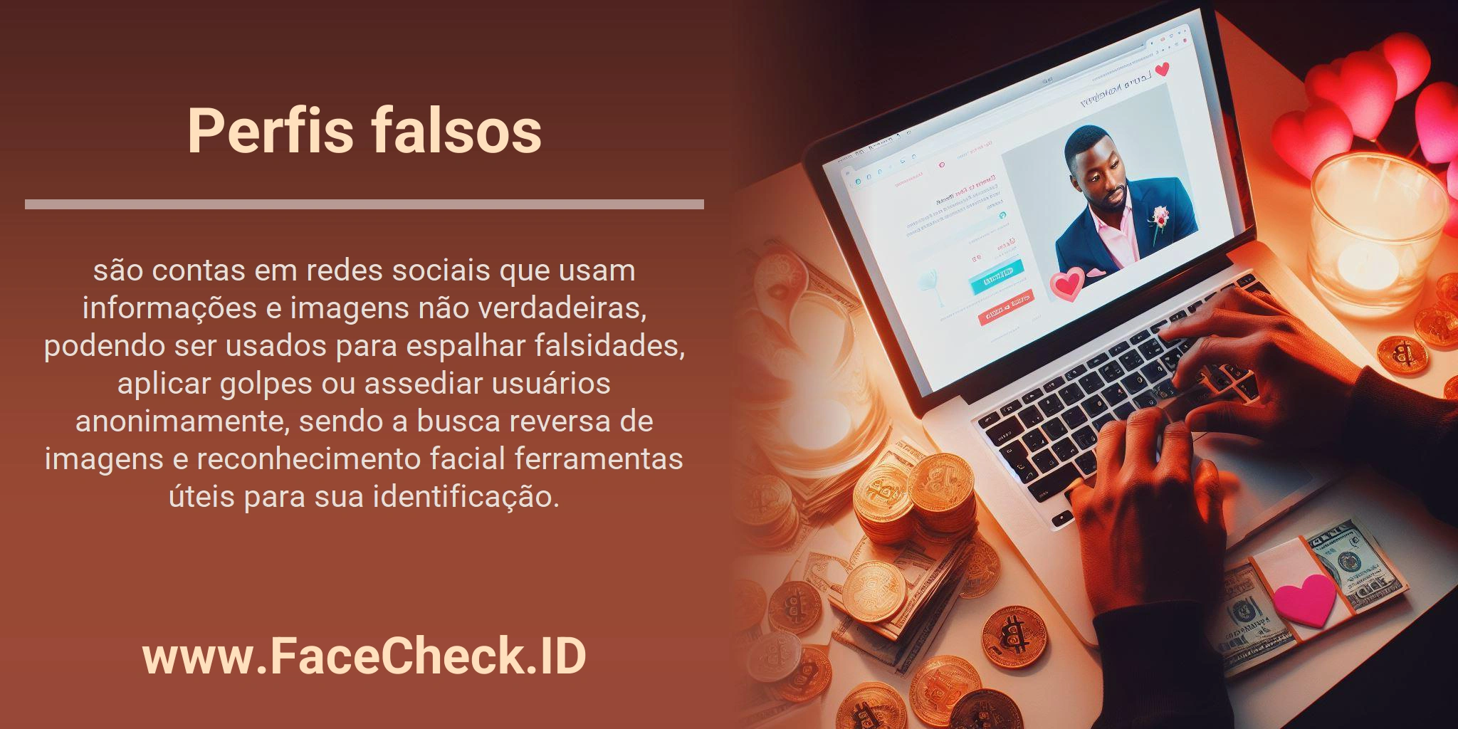 Perfis falsos são contas em redes sociais que usam informações e imagens não verdadeiras, podendo ser usados para espalhar falsidades, aplicar golpes ou assediar usuários anonimamente, sendo a busca reversa de imagens e reconhecimento facial ferramentas úteis para sua identificação.