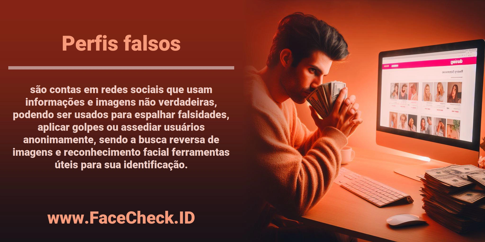 <b>Perfis falsos</b> são contas em redes sociais que usam informações e imagens não verdadeiras, podendo ser usados para espalhar falsidades, aplicar golpes ou assediar usuários anonimamente, sendo a busca reversa de imagens e reconhecimento facial ferramentas úteis para sua identificação.