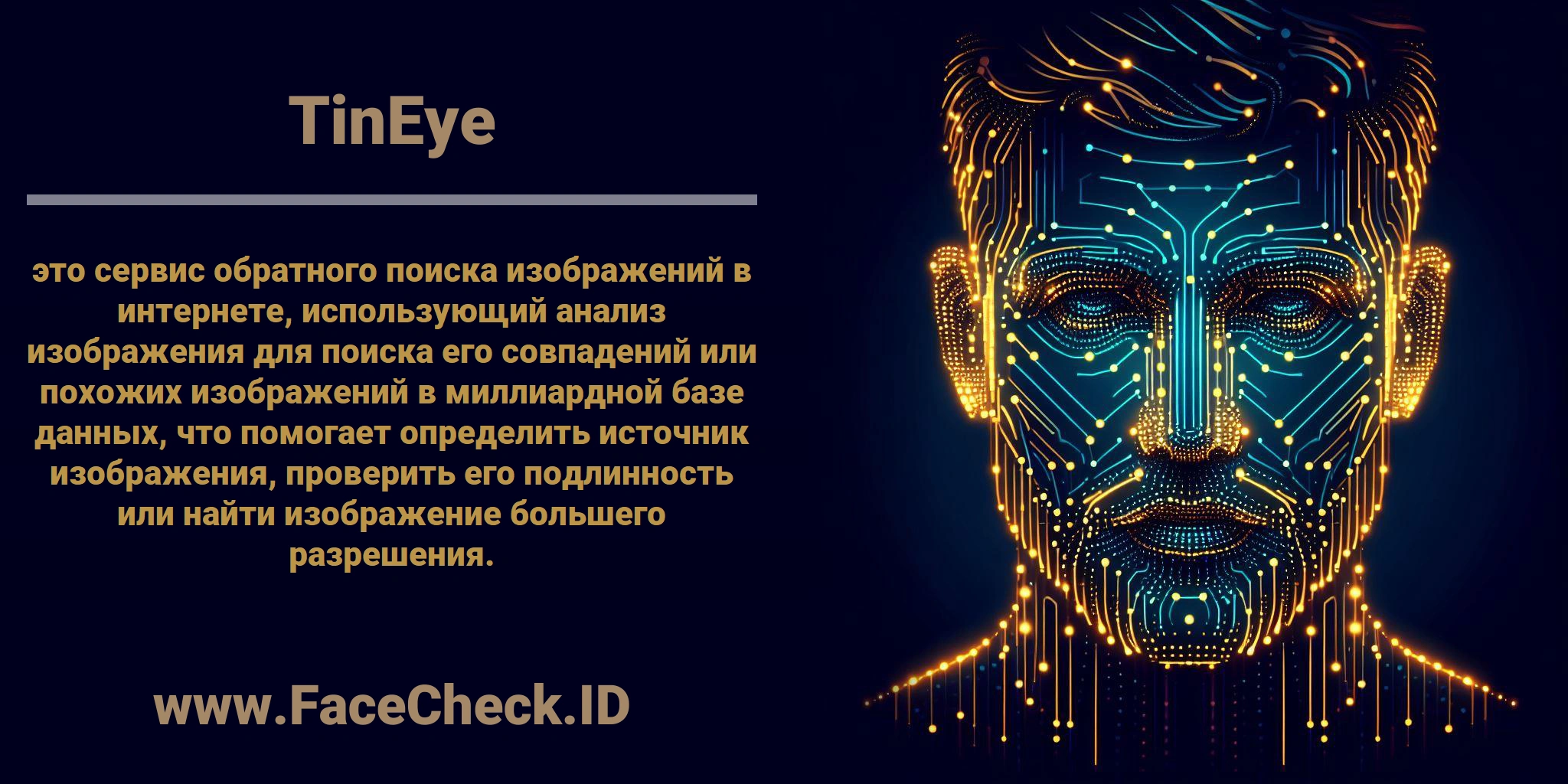 <b>TinEye</b> это сервис обратного поиска изображений в интернете, использующий анализ изображения для поиска его совпадений или похожих изображений в миллиардной базе данных, что помогает определить источник изображения, проверить его подлинность или найти изображение большего разрешения.