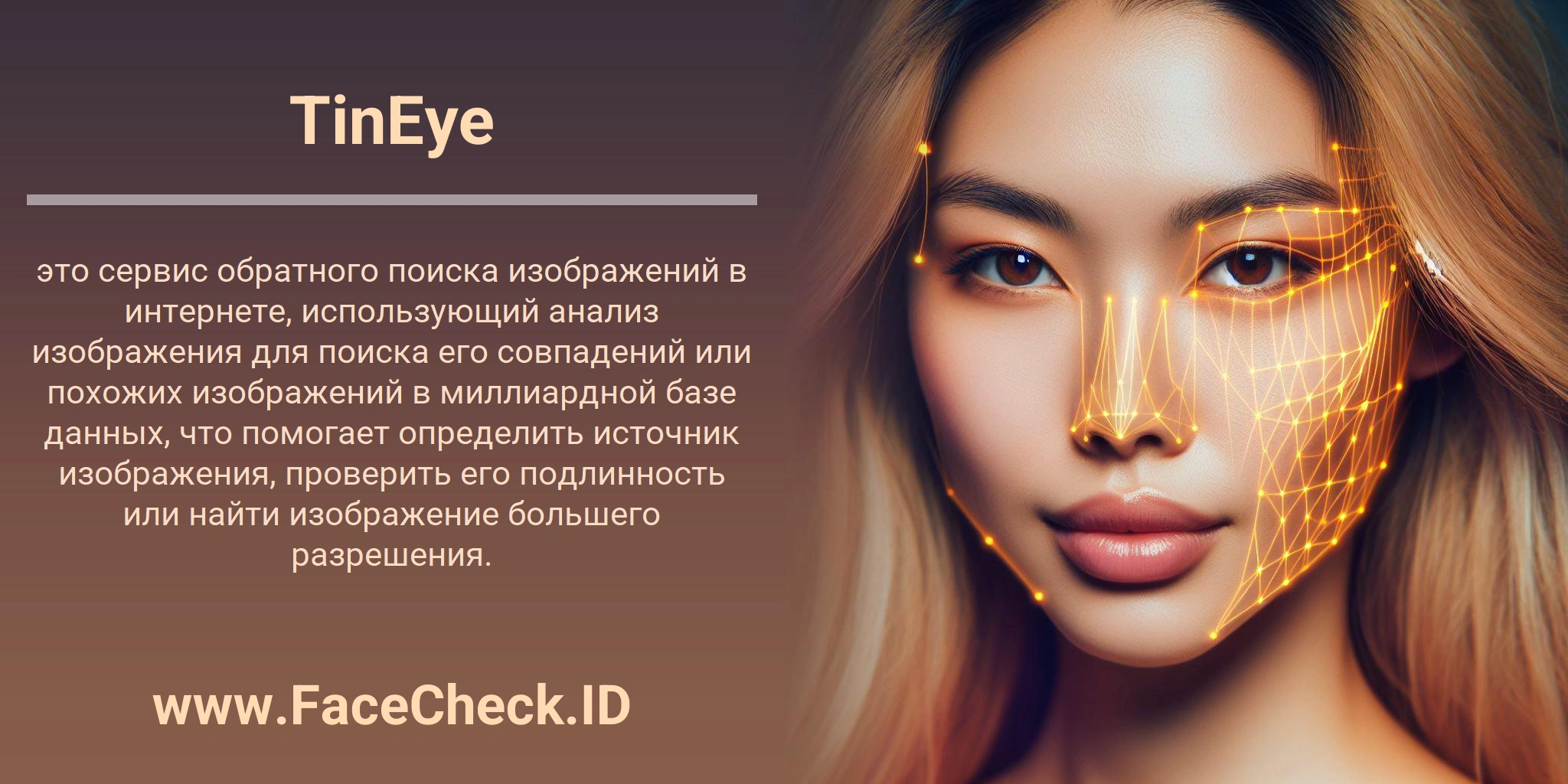 TinEye это сервис обратного поиска изображений в интернете, использующий анализ изображения для поиска его совпадений или похожих изображений в миллиардной базе данных, что помогает определить источник изображения, проверить его подлинность или найти изображение большего разрешения.