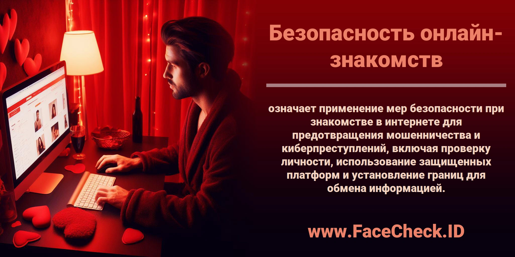 <b>Безопасность онлайн-знакомств</b> означает применение мер безопасности при знакомстве в интернете для предотвращения мошенничества и киберпреступлений, включая проверку личности, использование защищенных платформ и установление границ для обмена информацией.