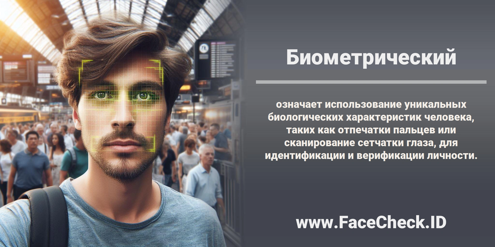 <b>Биометрический</b> означает использование уникальных биологических характеристик человека, таких как отпечатки пальцев или сканирование сетчатки глаза, для идентификации и верификации личности.