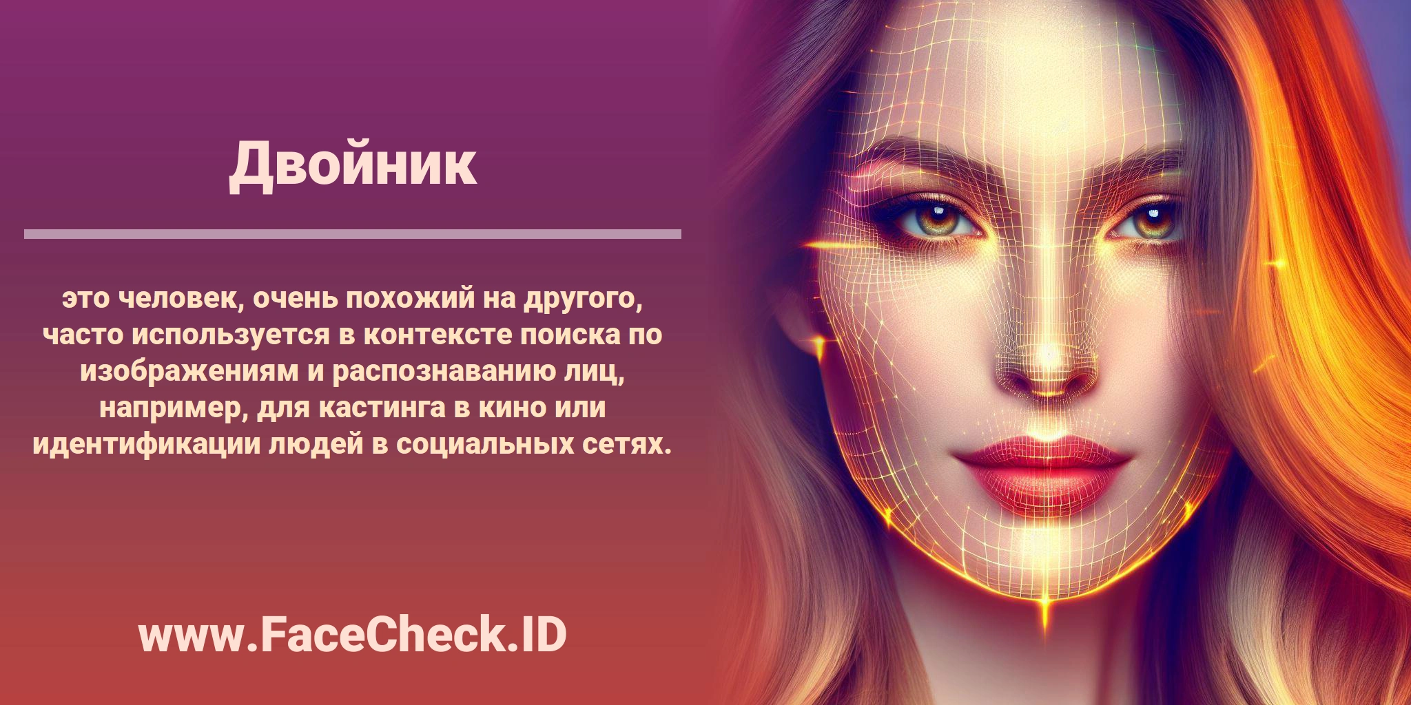 <b>Двойник</b> это человек, очень похожий на другого, часто используется в контексте поиска по изображениям и распознаванию лиц, например, для кастинга в кино или идентификации людей в социальных сетях.