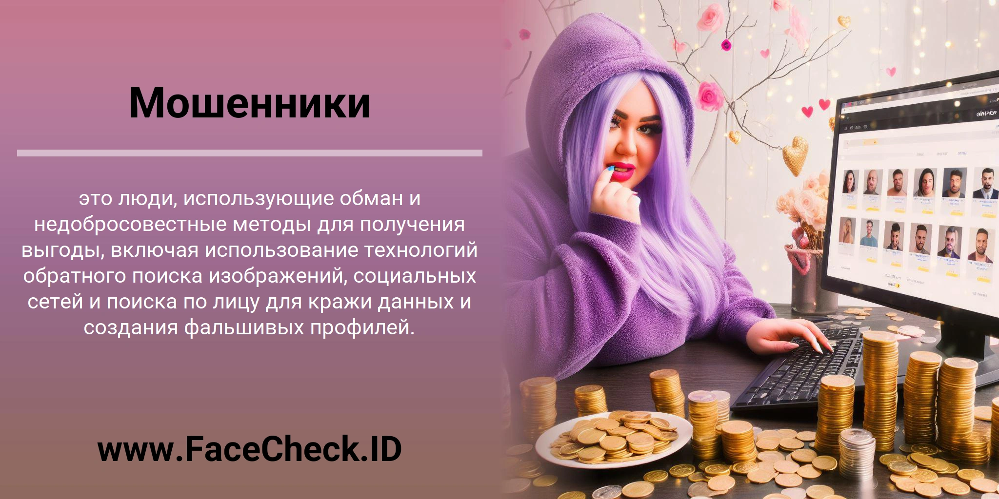Мошенники это люди, использующие обман и недобросовестные методы для получения выгоды, включая использование технологий обратного поиска изображений, социальных сетей и поиска по лицу для кражи данных и создания фальшивых профилей.