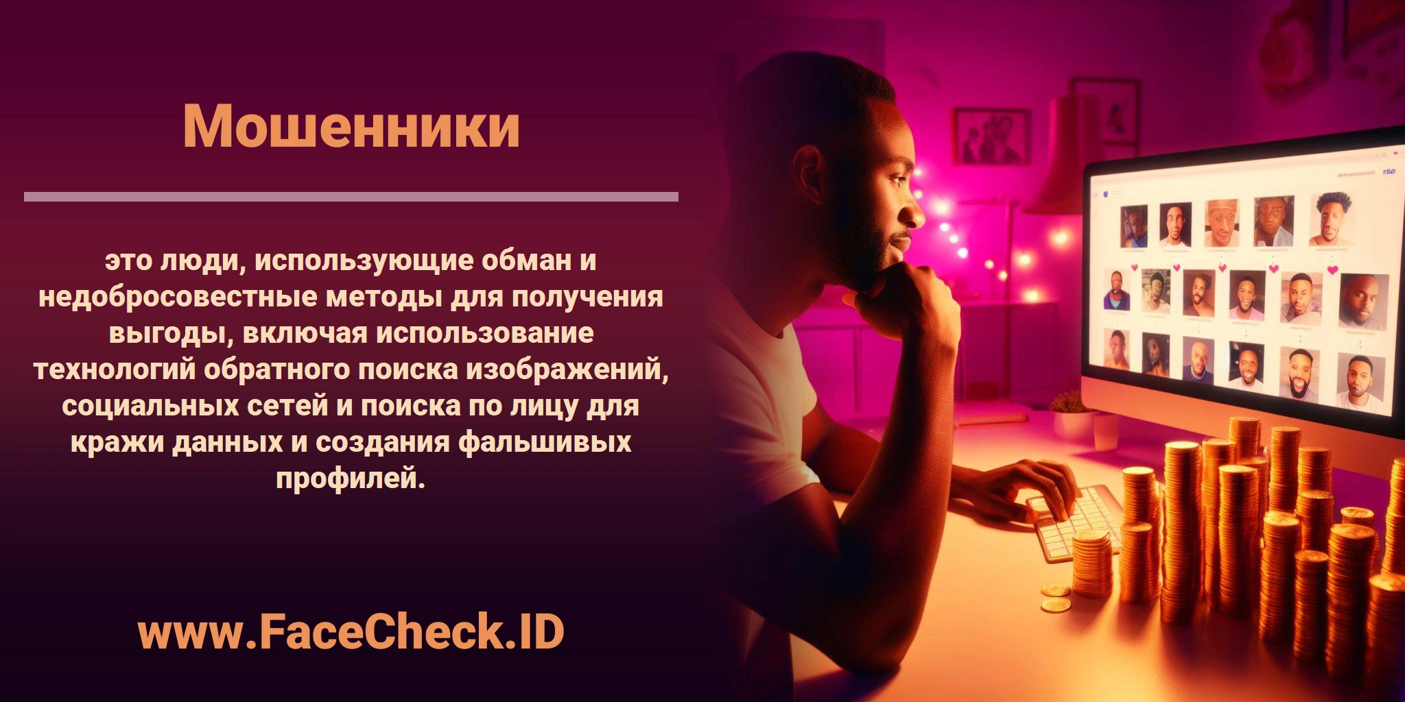 <b>Мошенники</b> это люди, использующие обман и недобросовестные методы для получения выгоды, включая использование технологий обратного поиска изображений, социальных сетей и поиска по лицу для кражи данных и создания фальшивых профилей.