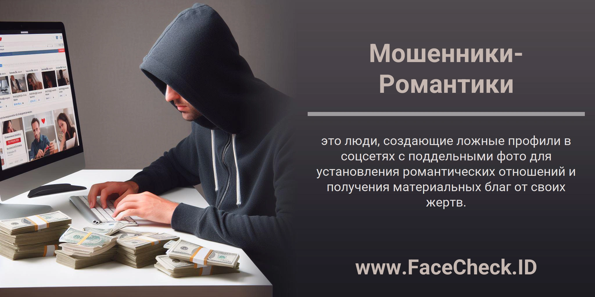 Мошенники-Романтики это люди, создающие ложные профили в соцсетях с поддельными фото для установления романтических отношений и получения материальных благ от своих жертв.