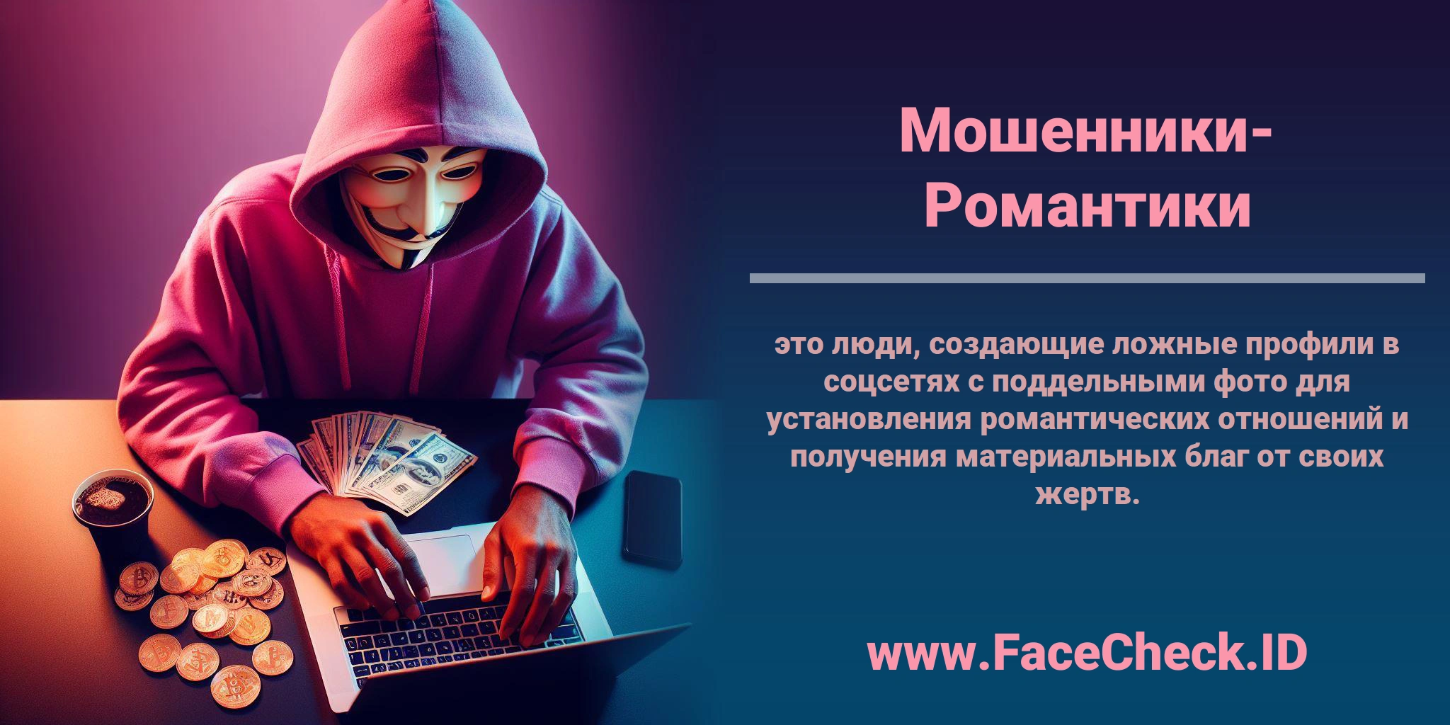<b>Мошенники-Романтики</b> это люди, создающие ложные профили в соцсетях с поддельными фото для установления романтических отношений и получения материальных благ от своих жертв.