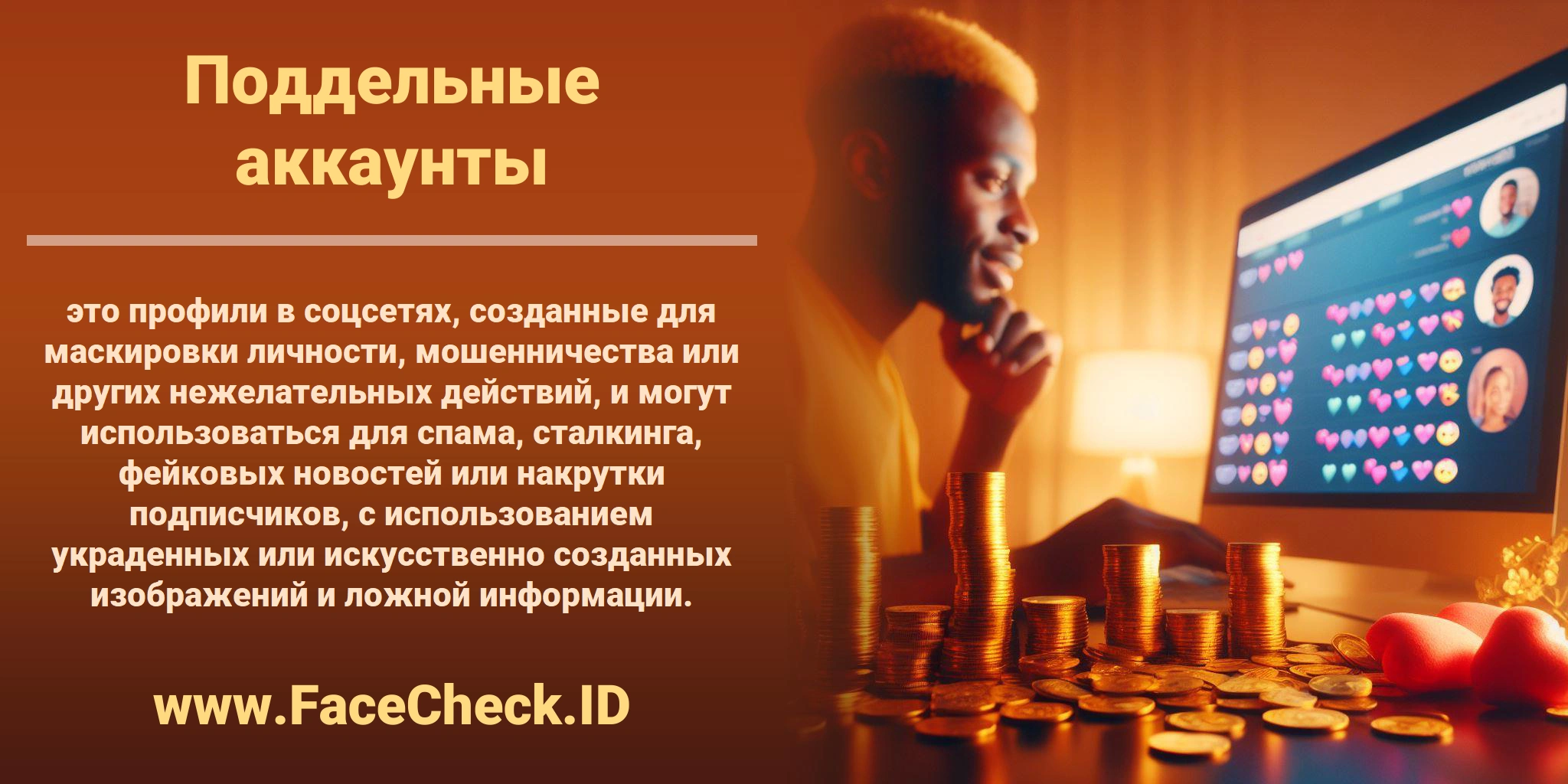 <b>Поддельные аккаунты</b> это профили в соцсетях, созданные для маскировки личности, мошенничества или других нежелательных действий, и могут использоваться для спама, сталкинга, фейковых новостей или накрутки подписчиков, с использованием украденных или искусственно созданных изображений и ложной информации.