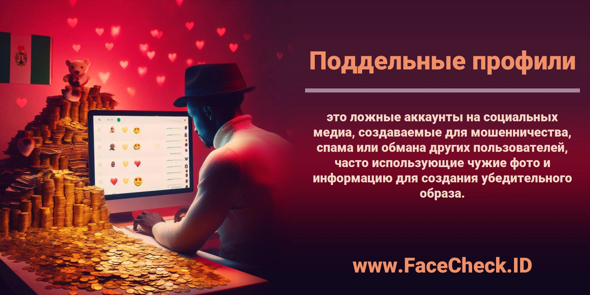 <b>Поддельные профили</b> это ложные аккаунты на социальных медиа, создаваемые для мошенничества, спама или обмана других пользователей, часто использующие чужие фото и информацию для создания убедительного образа.