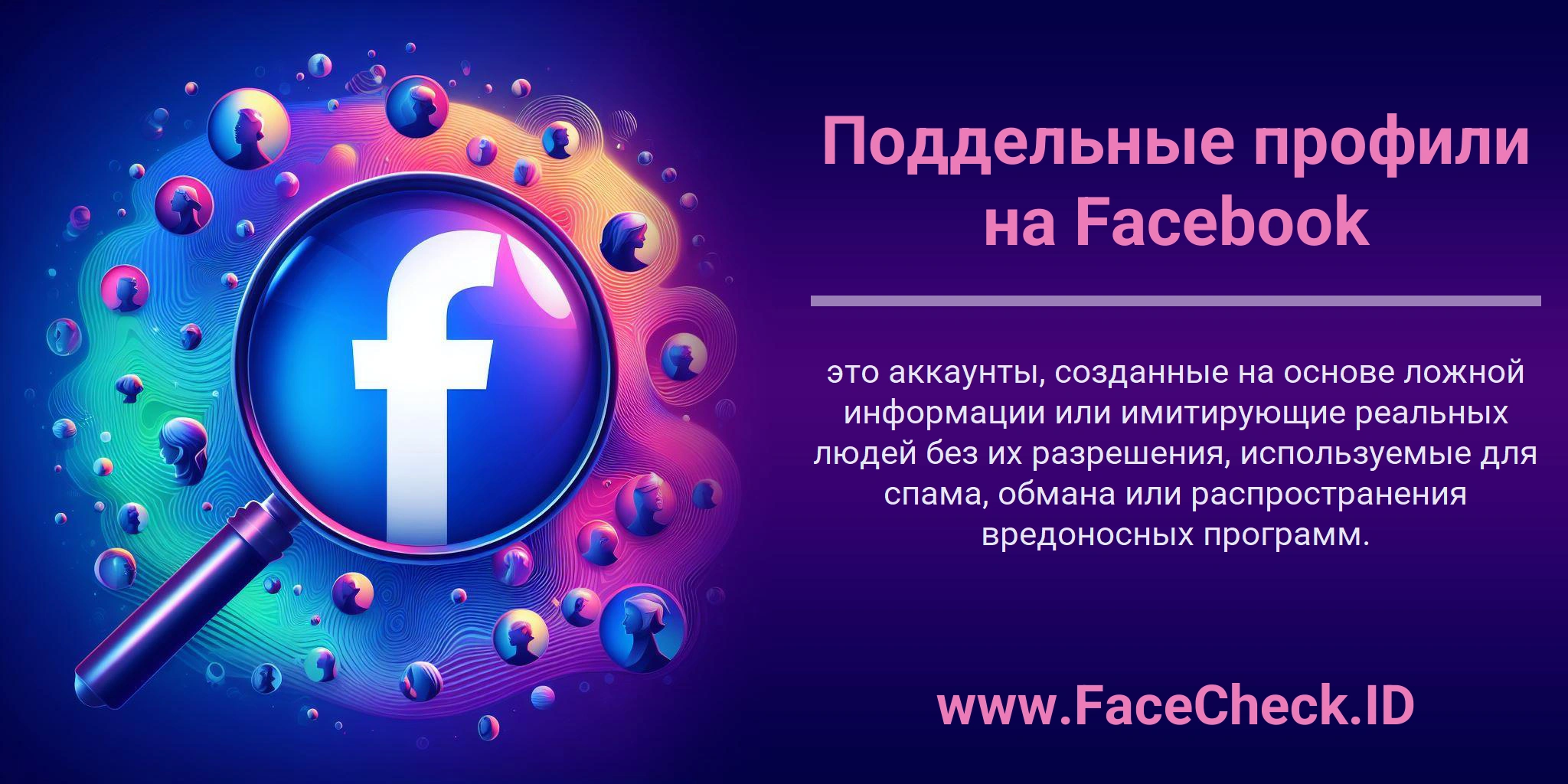 Поддельные профили на Facebook это аккаунты, созданные на основе ложной информации или имитирующие реальных людей без их разрешения, используемые для спама, обмана или распространения вредоносных программ.
