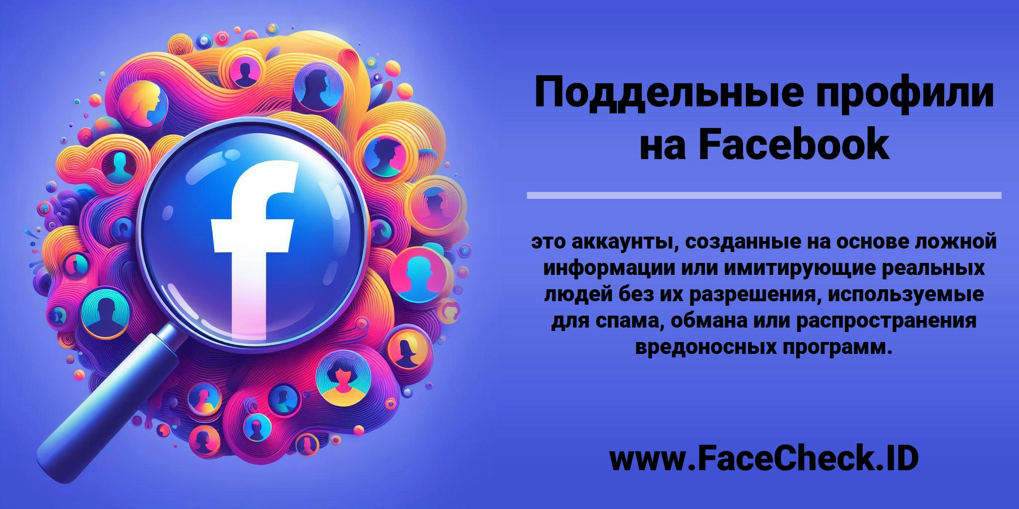 <b>Поддельные профили на Facebook</b> это аккаунты, созданные на основе ложной информации или имитирующие реальных людей без их разрешения, используемые для спама, обмана или распространения вредоносных программ.