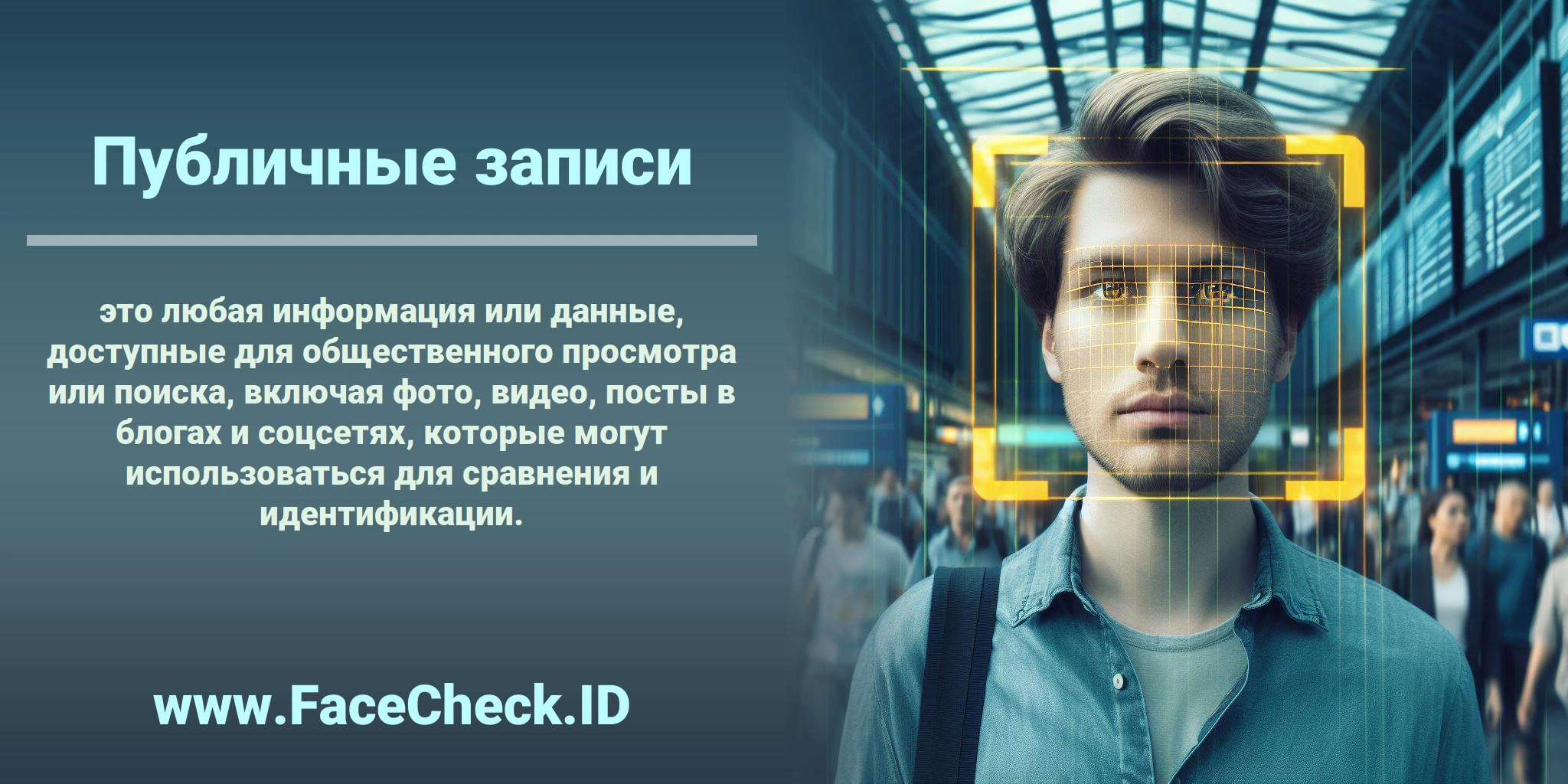 <b>Публичные записи</b> это любая информация или данные, доступные для общественного просмотра или поиска, включая фото, видео, посты в блогах и соцсетях, которые могут использоваться для сравнения и идентификации.