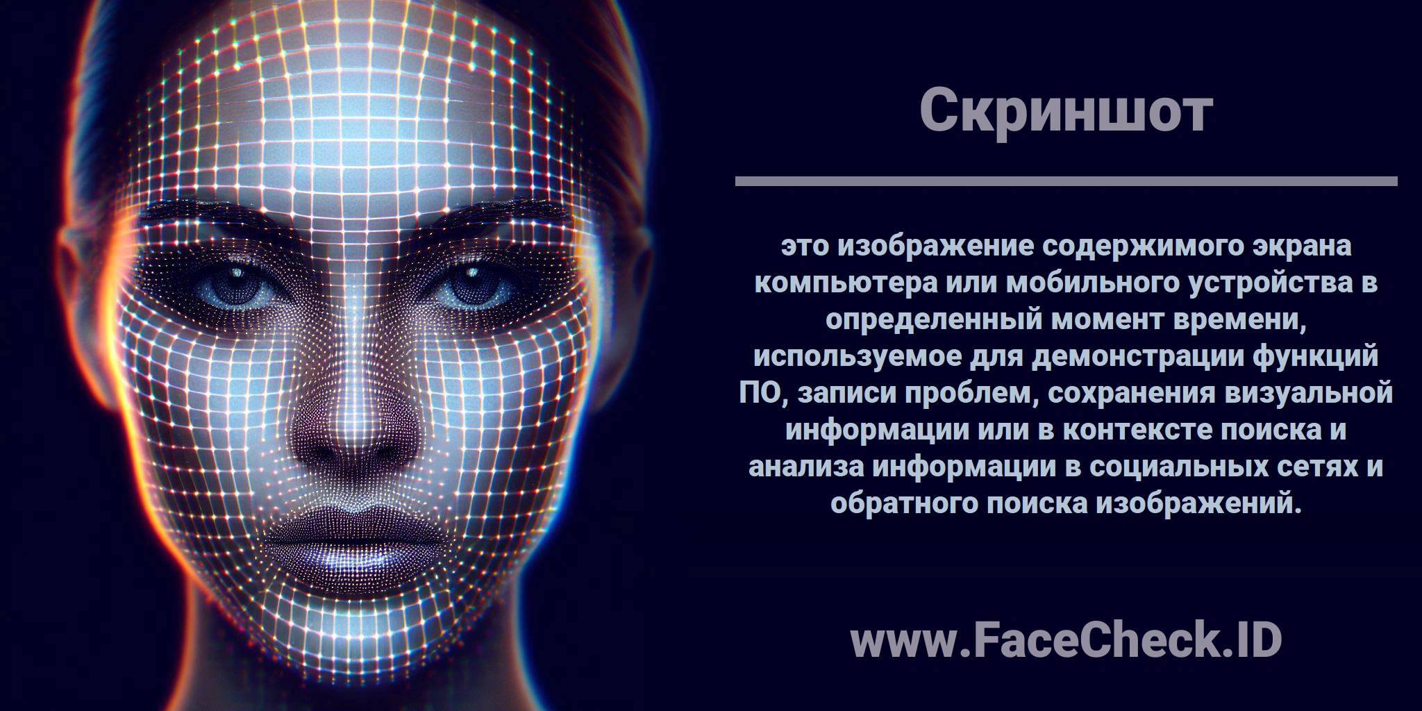 <b>Скриншот</b> это изображение содержимого экрана компьютера или мобильного устройства в определенный момент времени, используемое для демонстрации функций ПО, записи проблем, сохранения визуальной информации или в контексте поиска и анализа информации в социальных сетях и обратного поиска изображений.