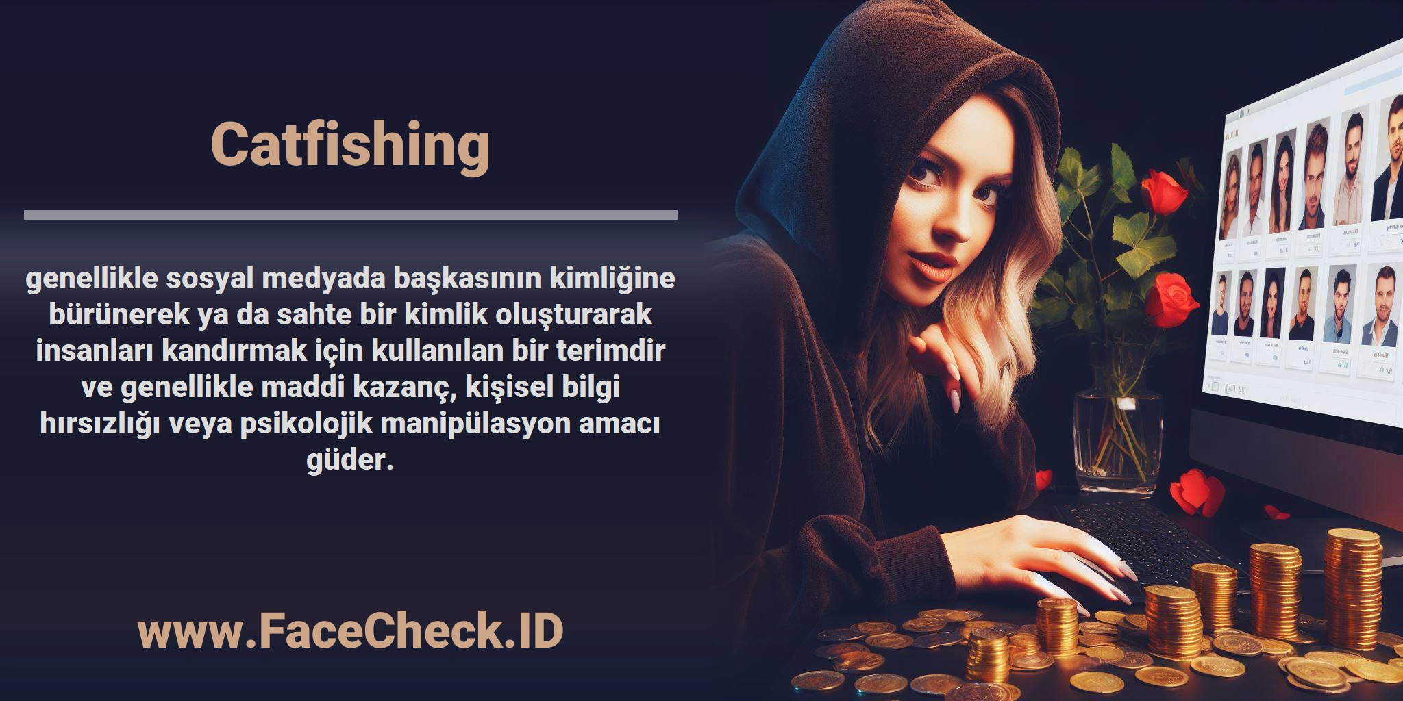 <b>Catfishing</b> genellikle sosyal medyada başkasının kimliğine bürünerek ya da sahte bir kimlik oluşturarak insanları kandırmak için kullanılan bir terimdir ve genellikle maddi kazanç, kişisel bilgi hırsızlığı veya psikolojik manipülasyon amacı güder.