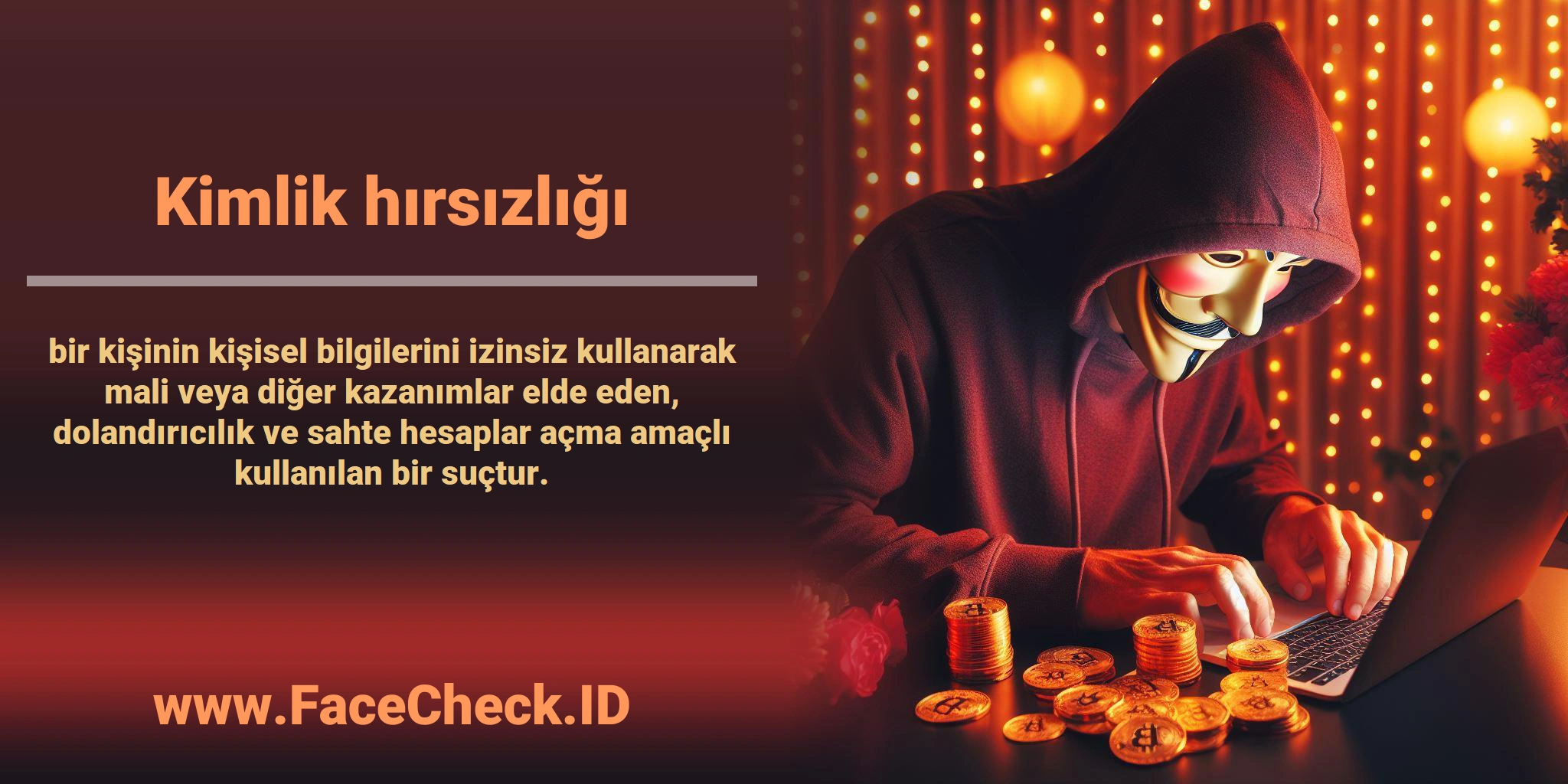 <b>Kimlik hırsızlığı</b> bir kişinin kişisel bilgilerini izinsiz kullanarak mali veya diğer kazanımlar elde eden, dolandırıcılık ve sahte hesaplar açma amaçlı kullanılan bir suçtur.