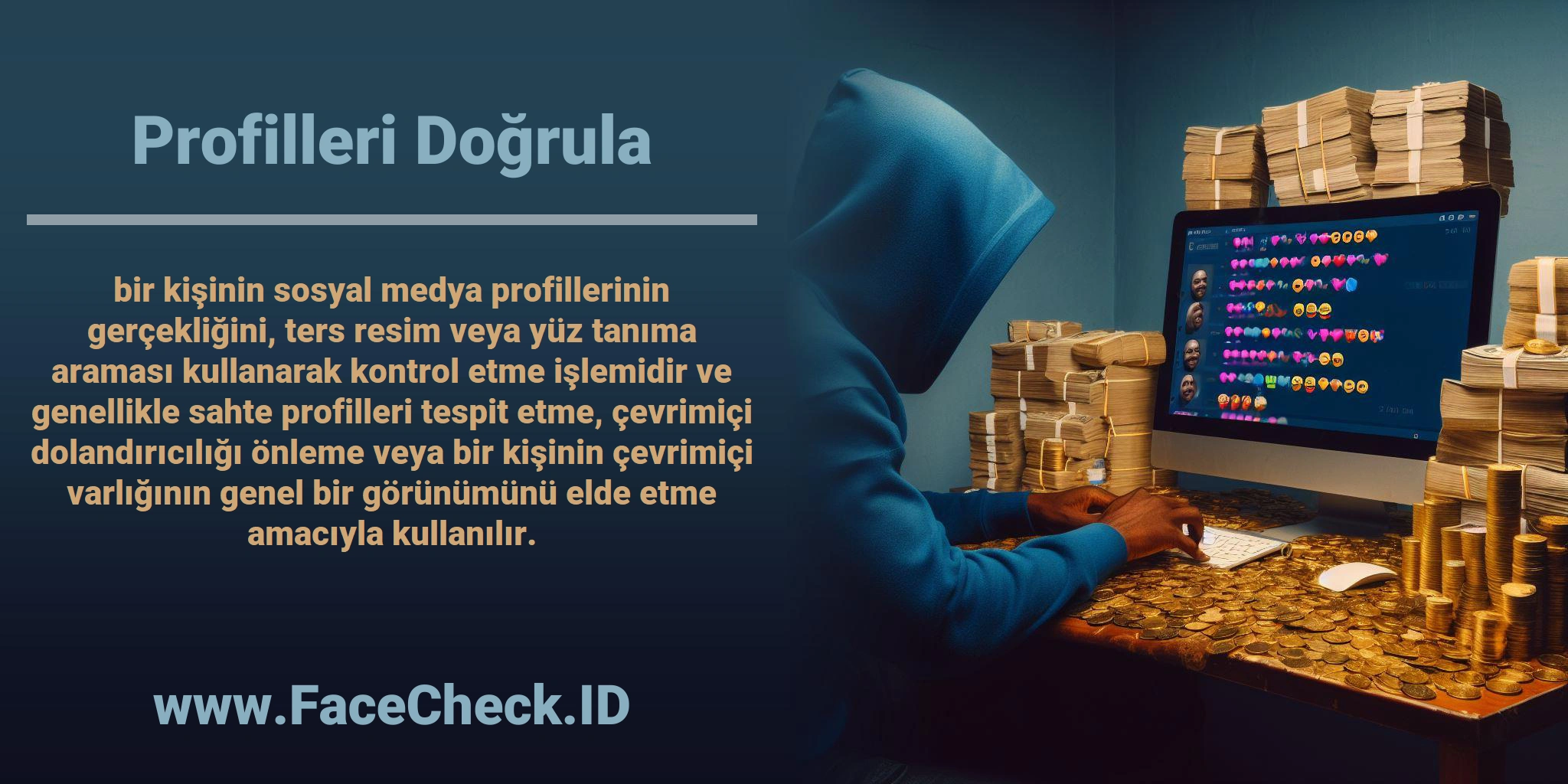 <b>Profilleri Doğrula</b> bir kişinin sosyal medya profillerinin gerçekliğini, ters resim veya yüz tanıma araması kullanarak kontrol etme işlemidir ve genellikle sahte profilleri tespit etme, çevrimiçi dolandırıcılığı önleme veya bir kişinin çevrimiçi varlığının genel bir görünümünü elde etme amacıyla kullanılır.