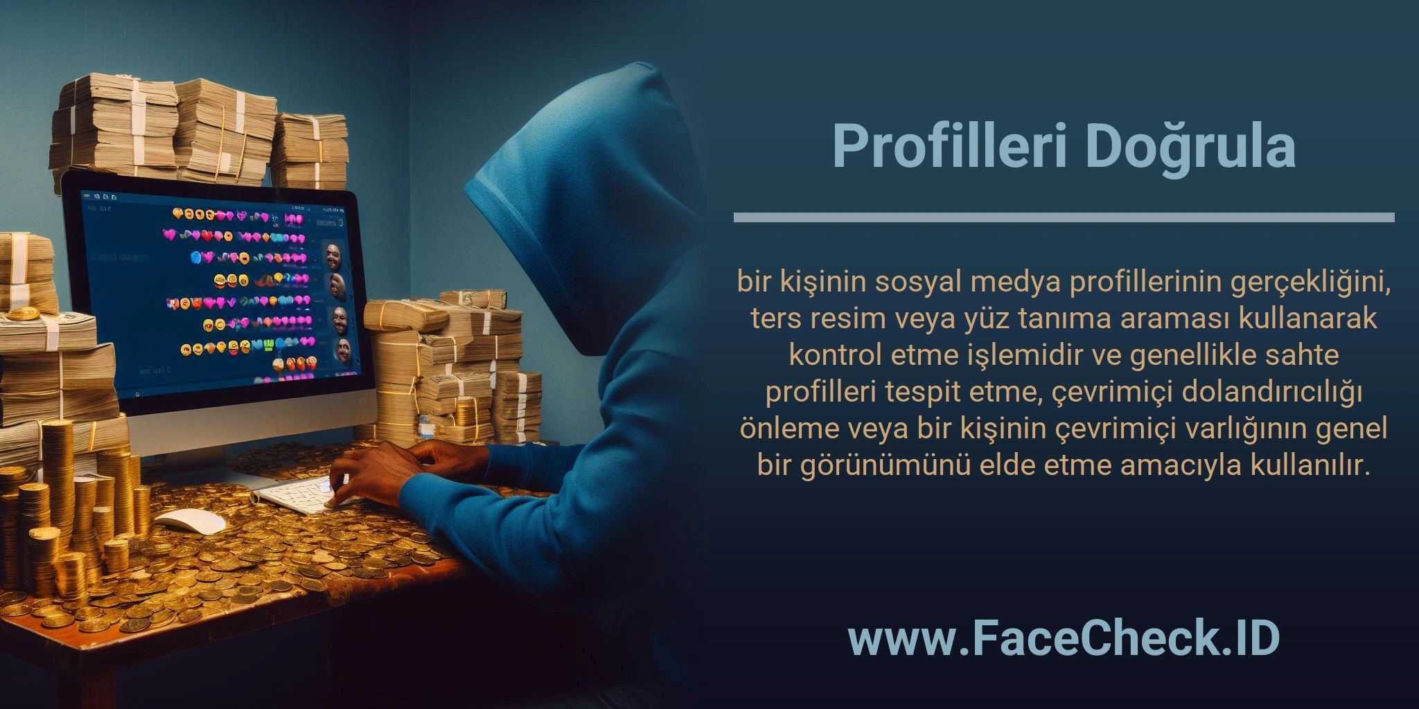 Profilleri Doğrula bir kişinin sosyal medya profillerinin gerçekliğini, ters resim veya yüz tanıma araması kullanarak kontrol etme işlemidir ve genellikle sahte profilleri tespit etme, çevrimiçi dolandırıcılığı önleme veya bir kişinin çevrimiçi varlığının genel bir görünümünü elde etme amacıyla kullanılır.