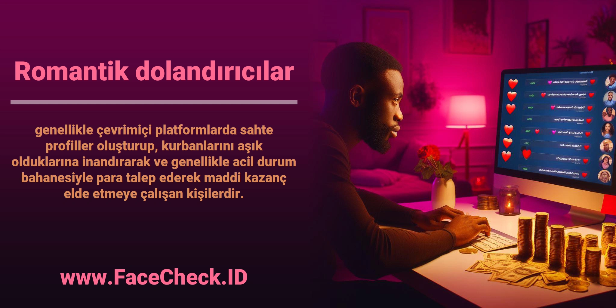 <b>Romantik dolandırıcılar</b> genellikle çevrimiçi platformlarda sahte profiller oluşturup, kurbanlarını aşık olduklarına inandırarak ve genellikle acil durum bahanesiyle para talep ederek maddi kazanç elde etmeye çalışan kişilerdir.