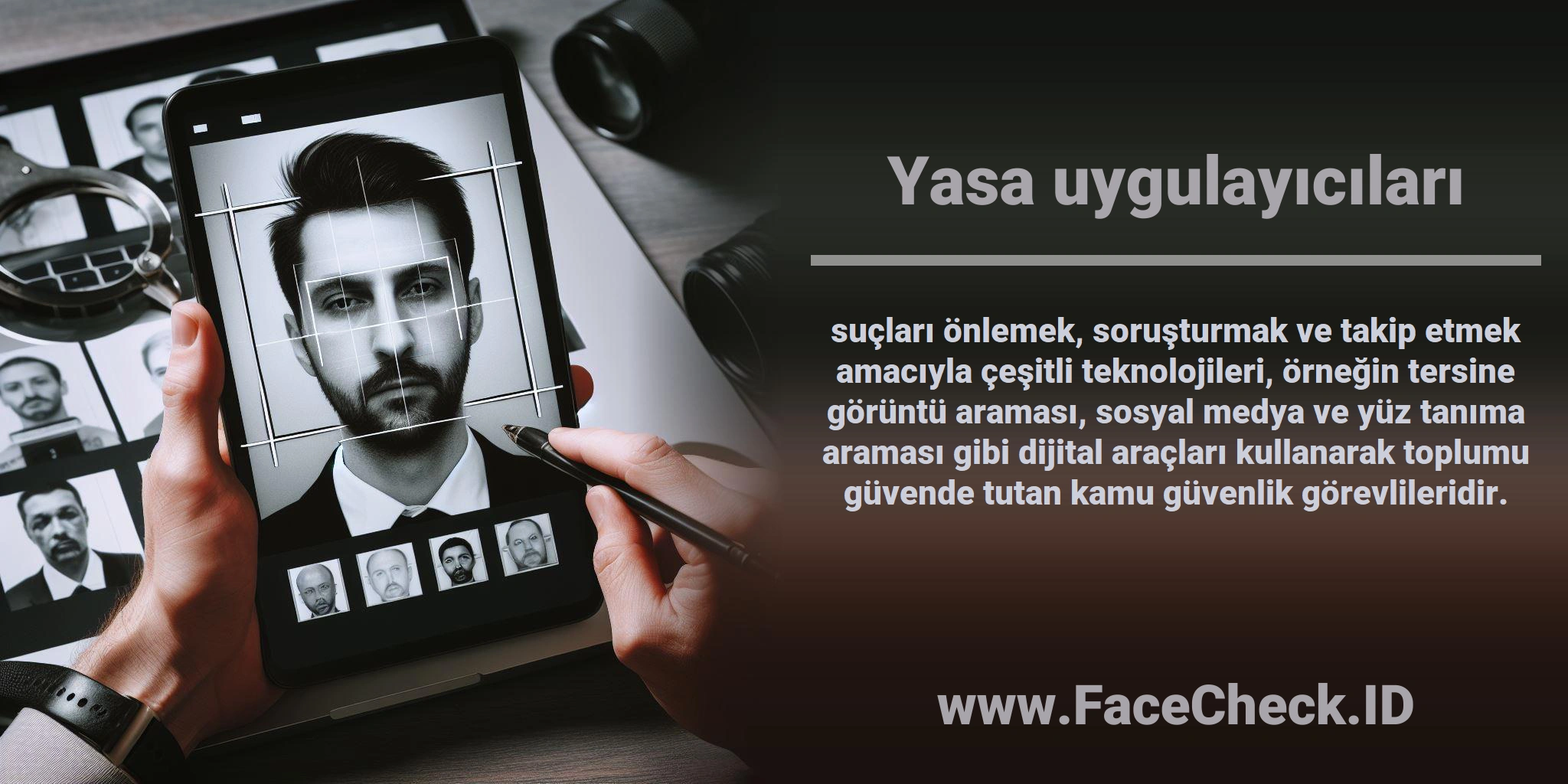 <b>Yasa uygulayıcıları</b> suçları önlemek, soruşturmak ve takip etmek amacıyla çeşitli teknolojileri, örneğin tersine görüntü araması, sosyal medya ve yüz tanıma araması gibi dijital araçları kullanarak toplumu güvende tutan kamu güvenlik görevlileridir.